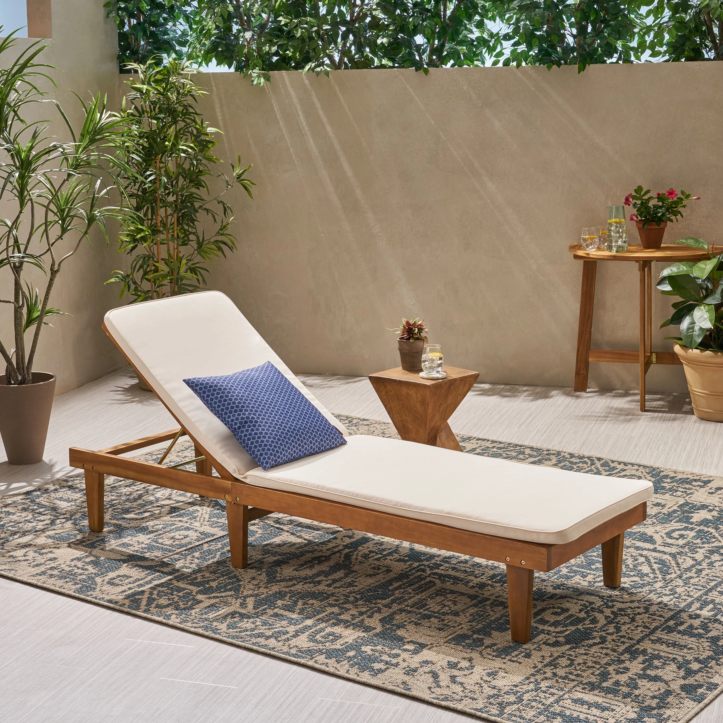 Noble House Nadine Outdoor Acacia Wood Chaise Lounge in Teak and Cream