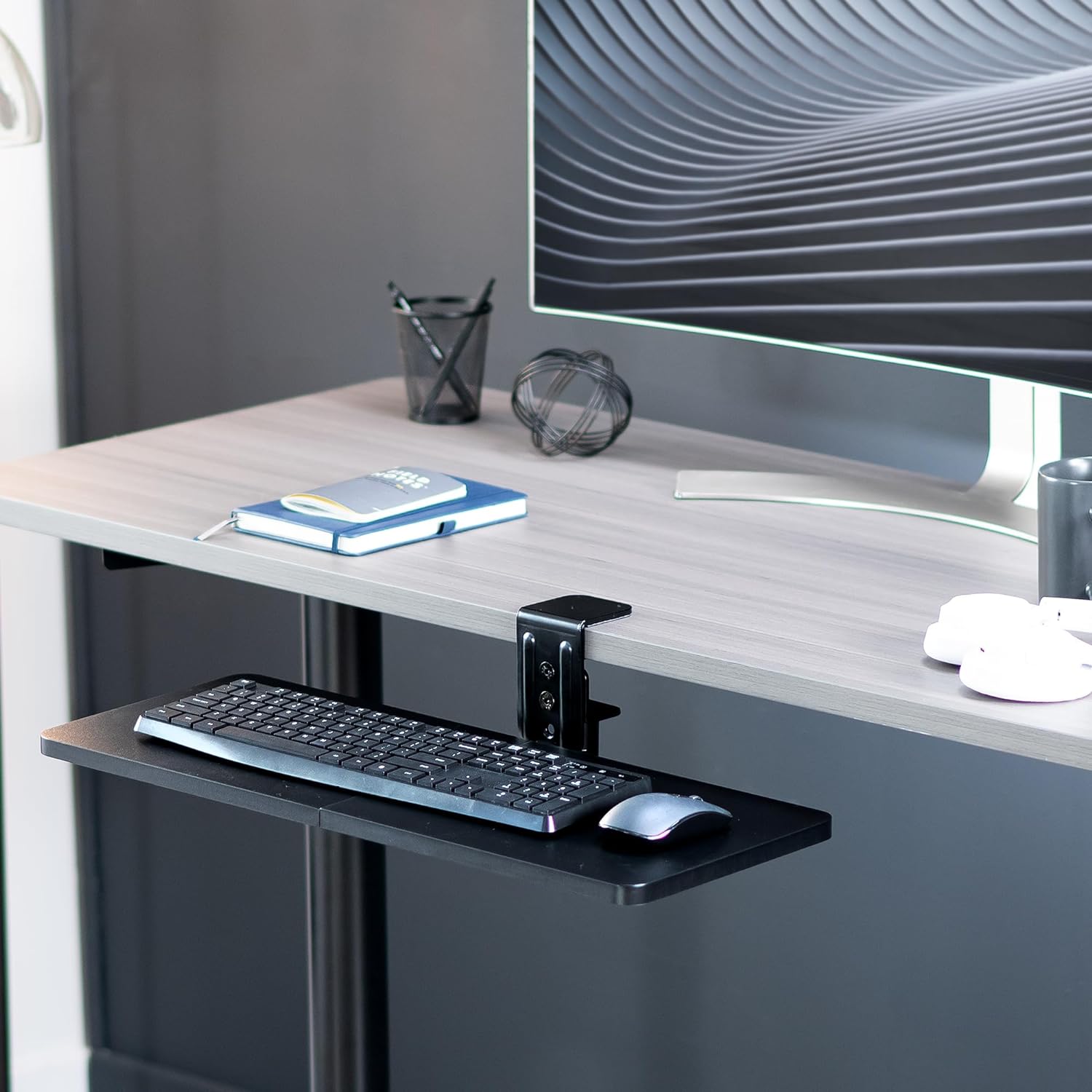 25 x 10 inch Rotating Computer Keyboard and Mouse Tray, Extra Sturdy Single Desk Swivel Clamp, Ergonomic Typing, Black, MOUNT-KB01CB