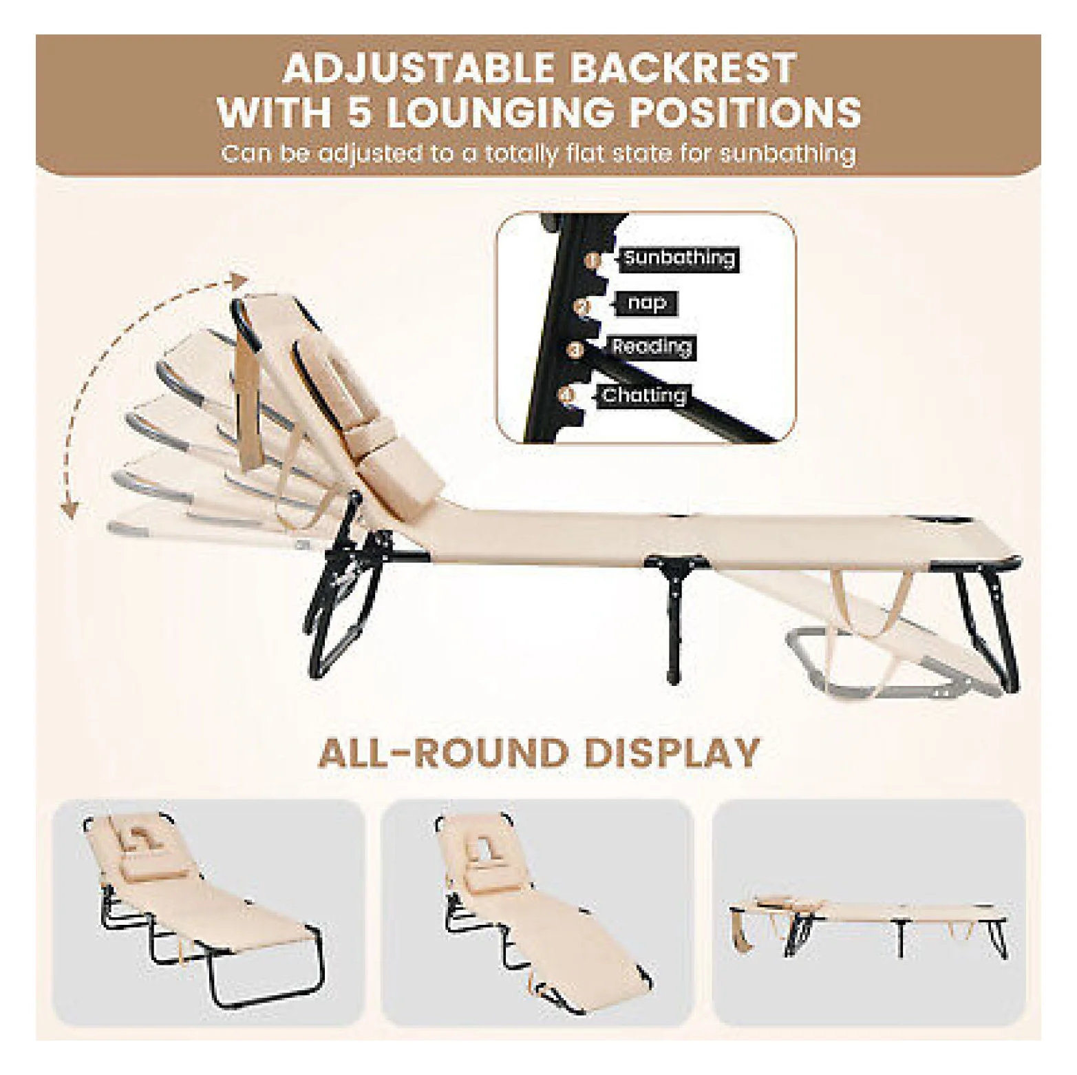 Folding Face Down Tanning Chair, Beach Lounge Chair with Face Hole