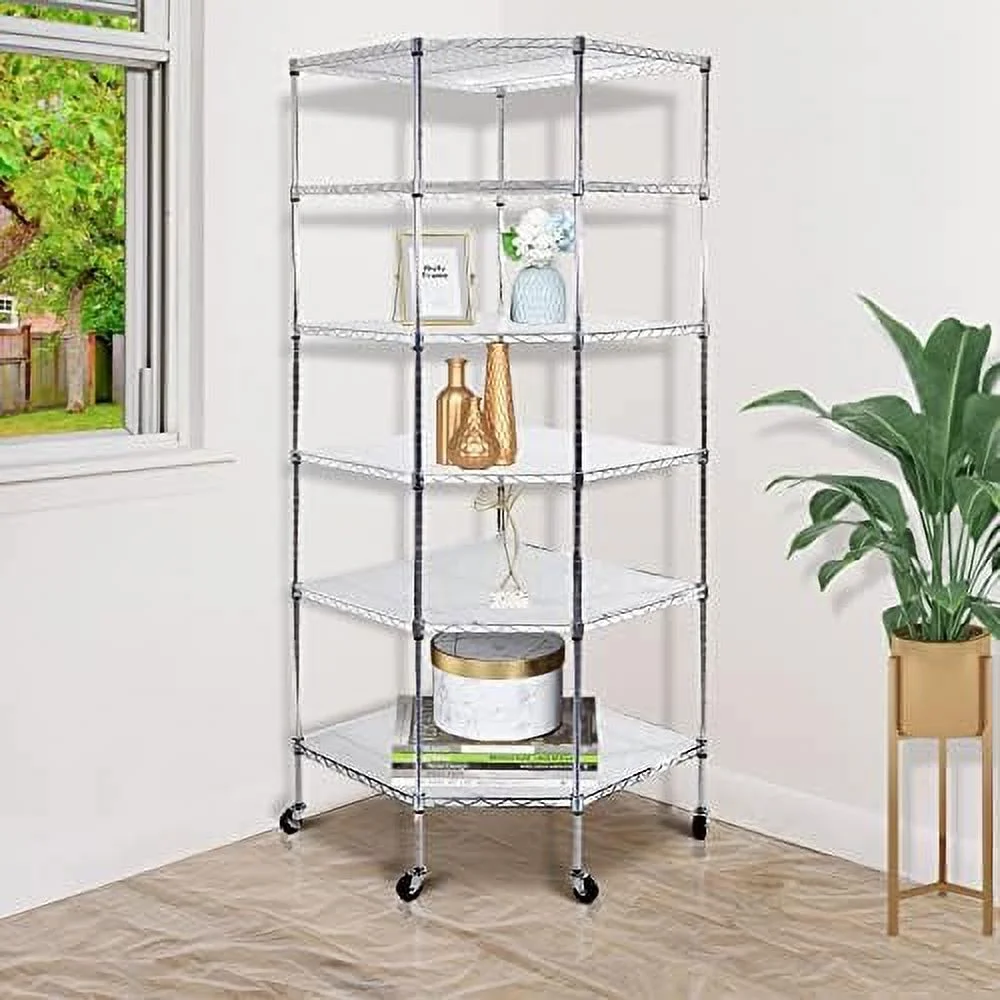JYHOME Commercial 6-Tier Wall Corner Metal  Shelves  72" H Standing  Units on Wheel Casters  Adjustable Steel Wire Shelving Rack (Chrome)