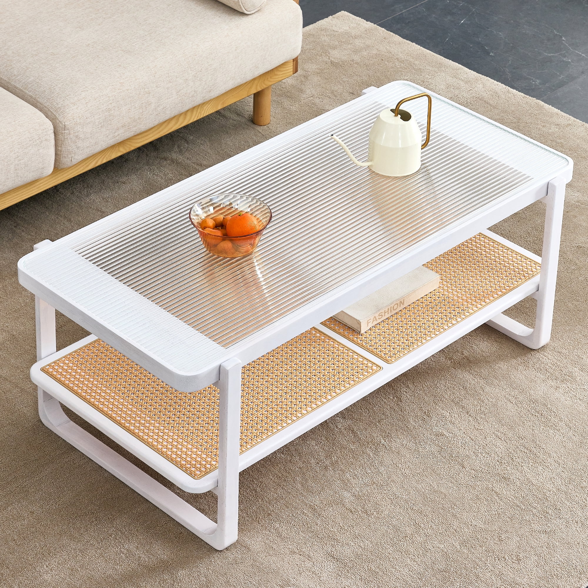 Ufurpie Rattan Coffee Table with Tempered Glass Top,Rectangle Wood Coffee Table for Living Room,Glass Top Coffee Table with Imitation Rattan Storage Shelf,White