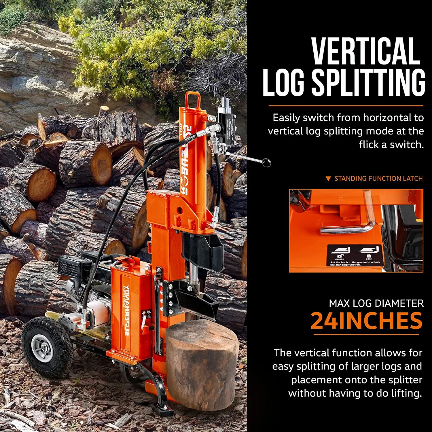 SuperHandy Gas-Powered Log Splitter - 7HP 209CC 25 Ton Hydraulic System 16