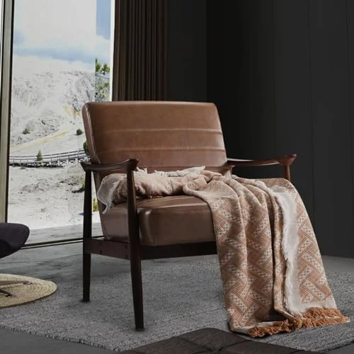 WTYNKAE Mid-Century Modern Wood Frame Armchair PU Leather Accent Chair with Solid Wood Legs Upholstered Comfy Retro Leisure Chair Reading Chair for Living Room (Brown)