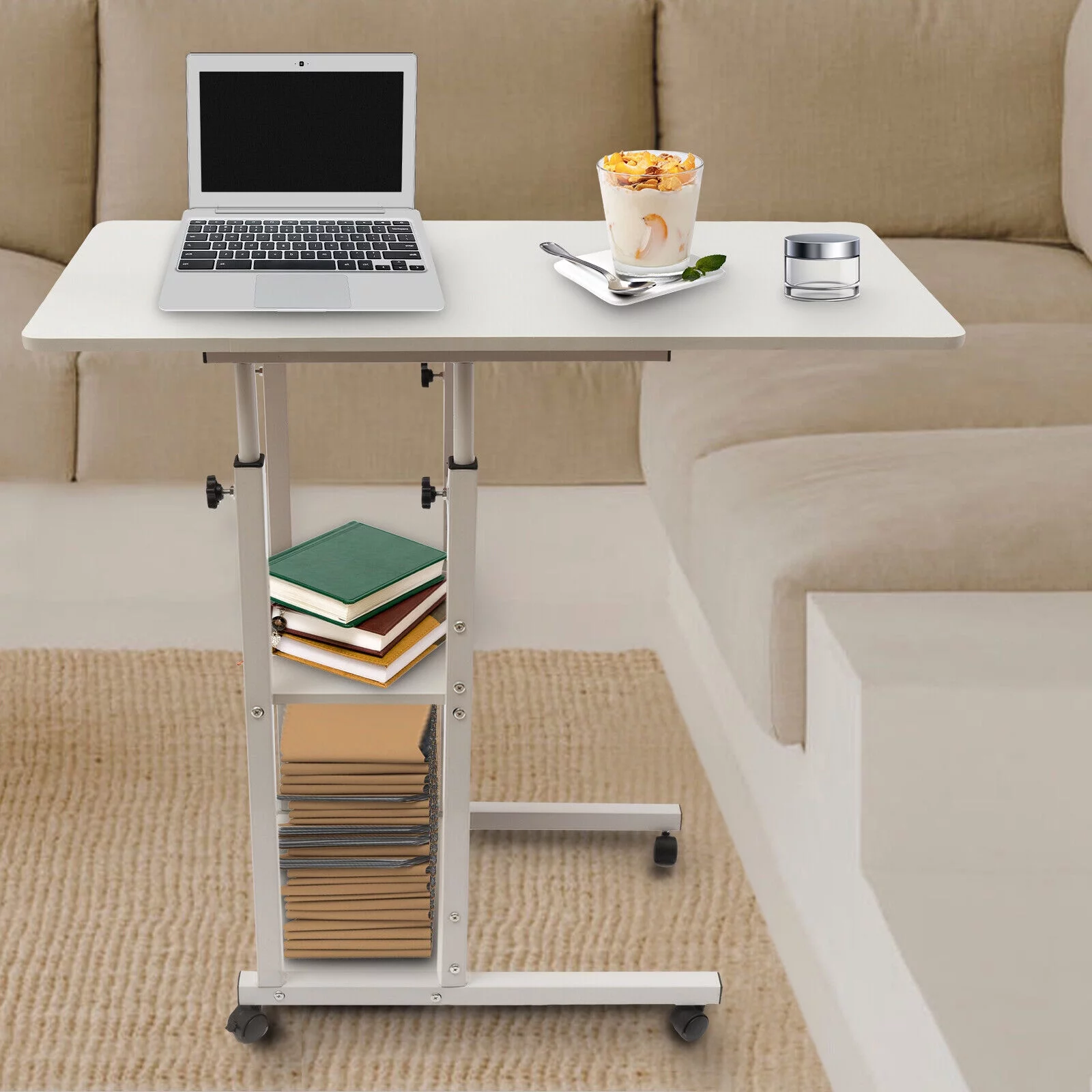 C Shaped Height Adjustable Chair Side Table TV Tray Laptop Desk Sofa Bed W/Wheel