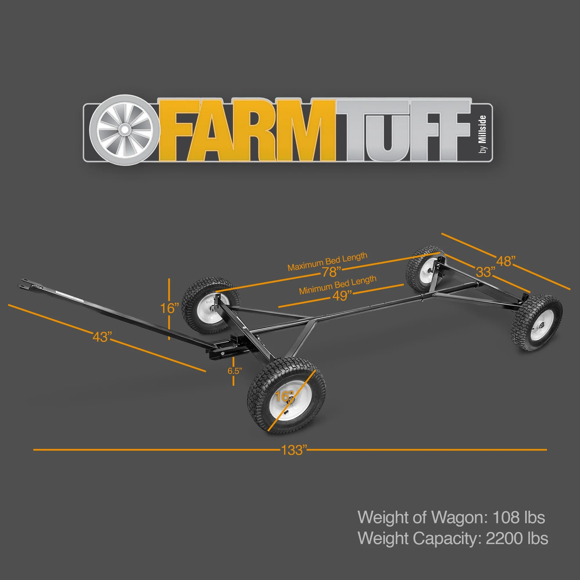 Farm Tuff Durable ATV Alloy Steel Utility Wagon with Flat-Free Tires, Black, 2200lb Capacity