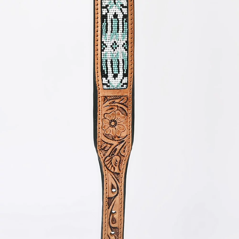 Hilason Beaded Hand Tooled Strong Genuine Leather Dog Collar Black/Tan Small