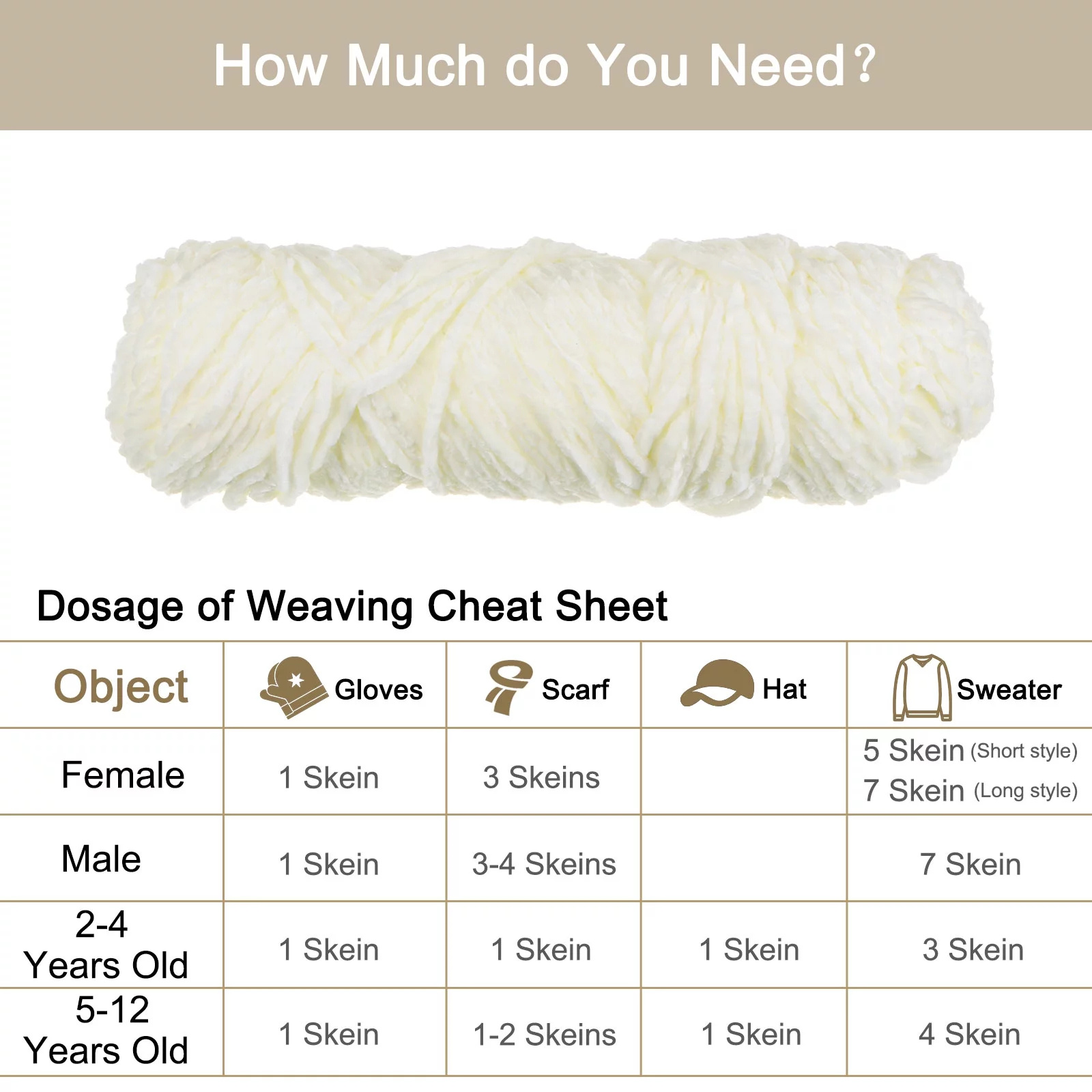 Uxcell 3 Skeins Chenille Yarn Soft Blanket Yarn 3x100gr/3.5oz (3x131yds) Polyester Velvet Knitting Cream