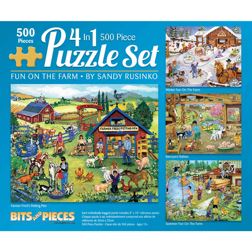 Bits and Pieces - 4-In-1 Multi-Pack On The Farm 500 Piece Jigsaw Puzzles for Adults - Each Puzzle Measures 16 