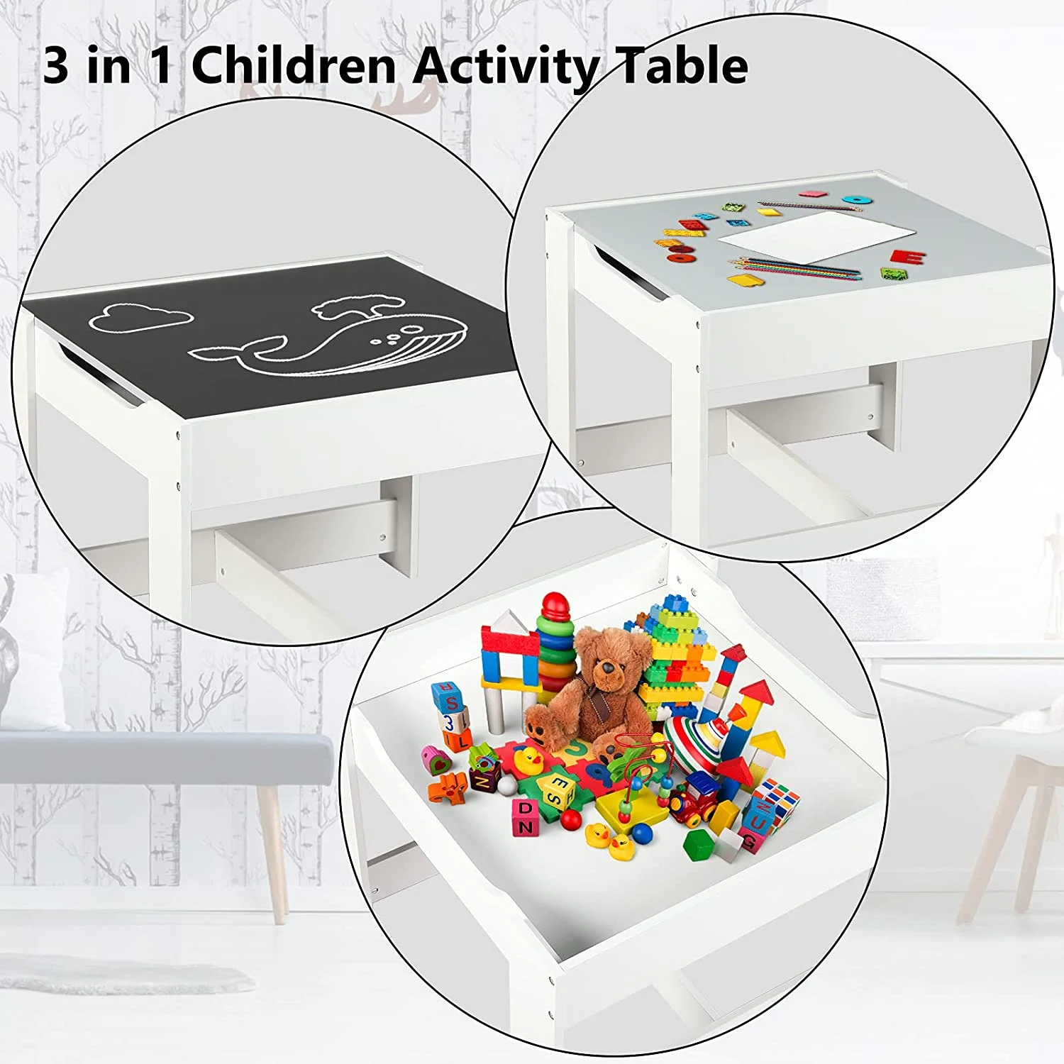U-SHARE  Kids Wood Table & 2 Chairs Set, 3 in 1 Children Activity Table w/Storage, Removable Tabletop, Blackboard, 3-Piece Toddler Furniture Set for Art, Crafts, Drawing, Reading, Playroom, Grey