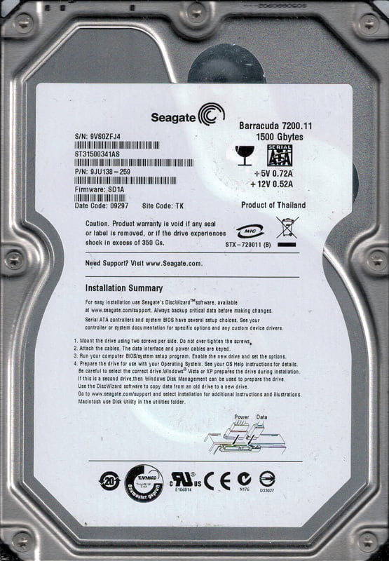 ST31500341AS P/N: 9JU138-259 F/W: SD1A TK Seagate 1.5TB