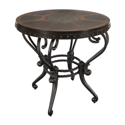 DremFaryoyo Formal Traditional End Table 1pc Round Decorative Top Curved Metal Base Living Room   Dark Cherry Finish