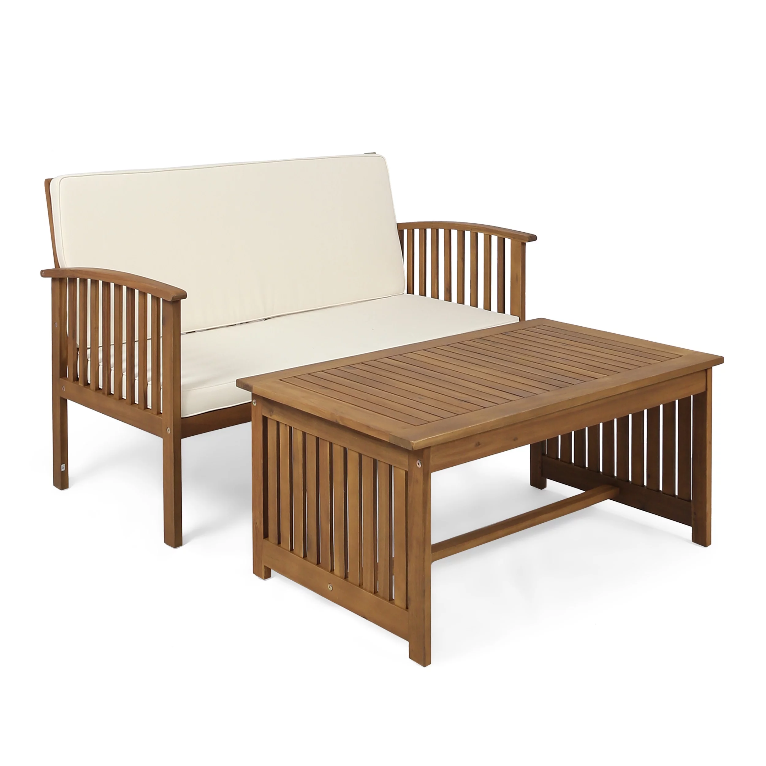 GDF Studio Navan Outdoor Acacia Wood Loveseat and Coffee Table Set, Brown and Cream