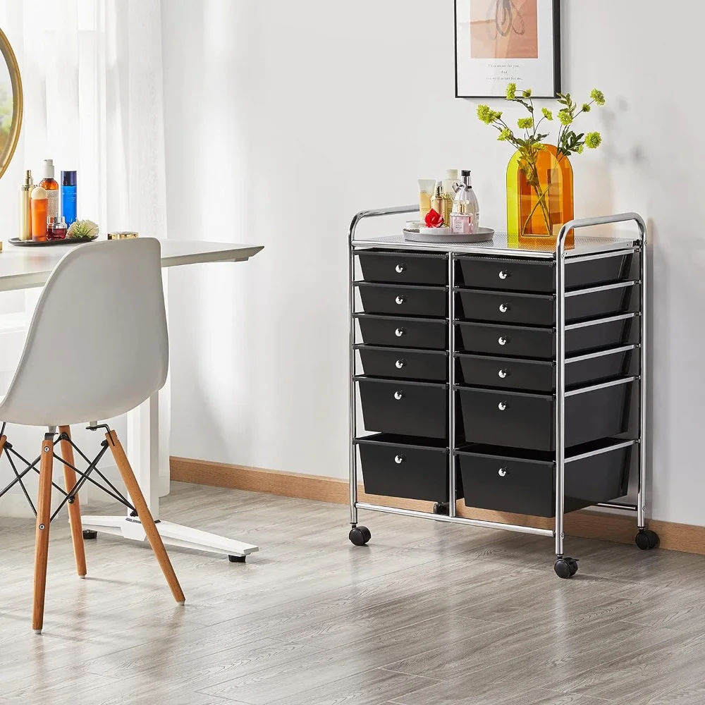 12 Drawers Rolling Storage Cart Multipurpose Movable Organizer Cart Storage Bin Trolley Tools Scrapbook Paper Organizer on Wheels, Black