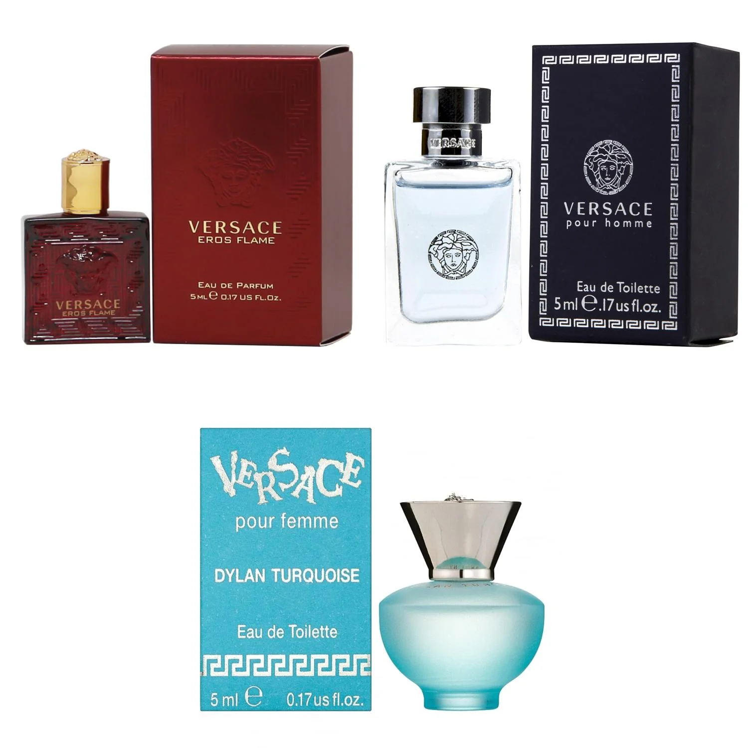 Versace Eros Flame EDP, Pour Homme EDT, Dylan Turquoise Femme  - 5ml 3PK Kit