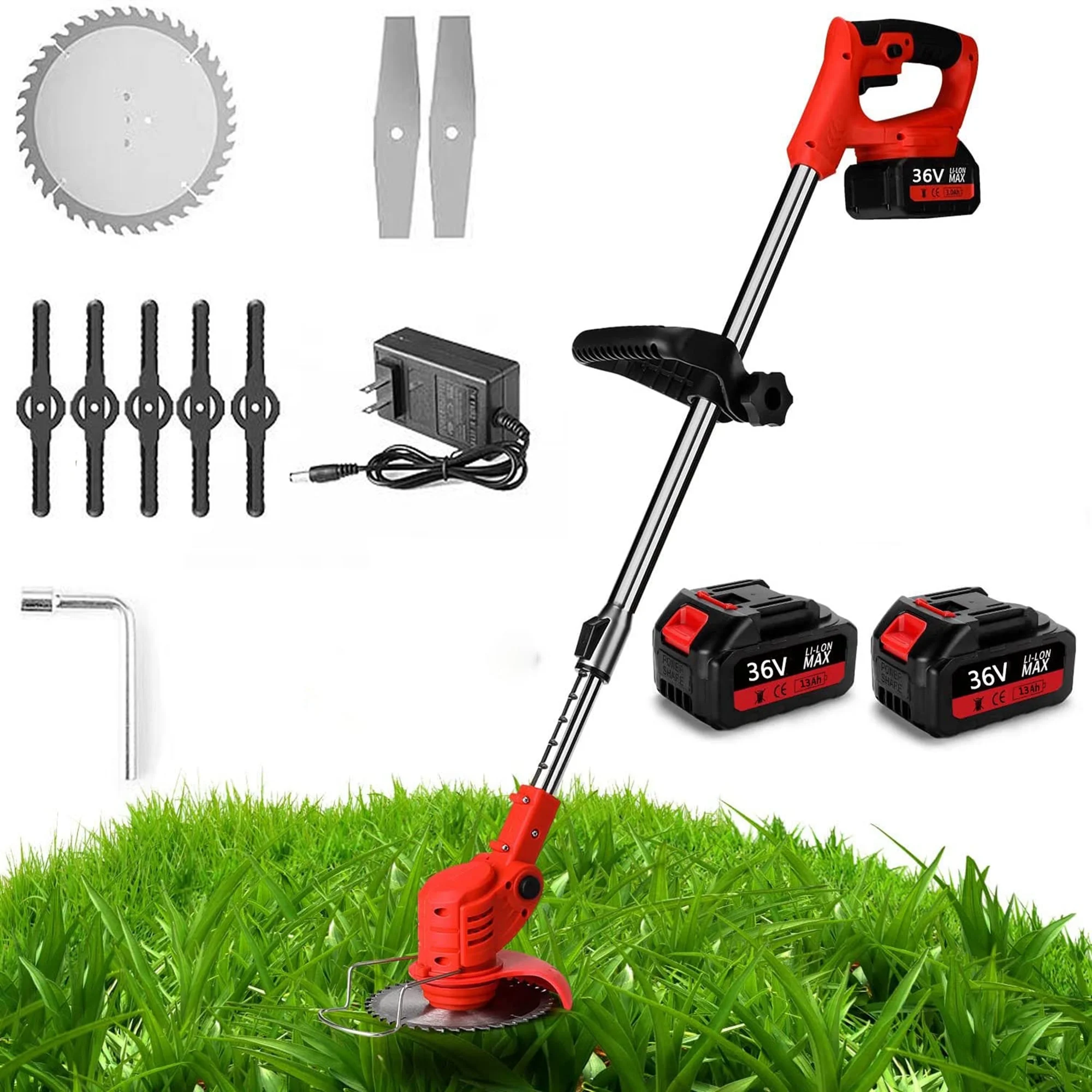Cordless Lawn Trimmer Weed Wacker 36V Grass Trimmer Lawn Edger with 13Ah Li-Ion Battery Powered and Cutting Blade, Electric Weed Trimmer Tool for Garden and Yard