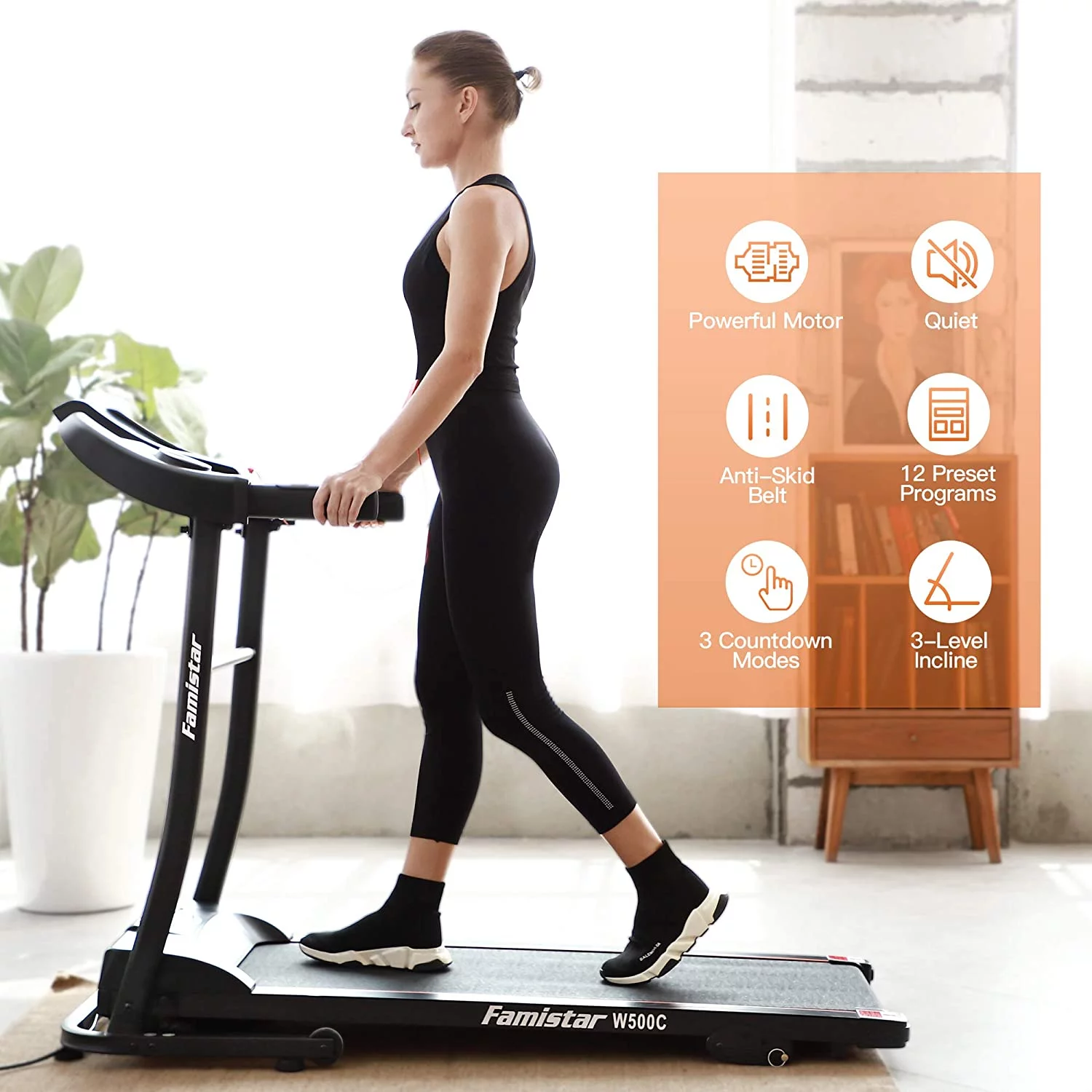Famistar W500C Treadmills for Home, 3 Levels Incline Electric Treadmill Workout, Running Machine Home Treadmills for Running with Led Display, Built-in Mp3 Speaker, 12+3 Modes Fits All Family