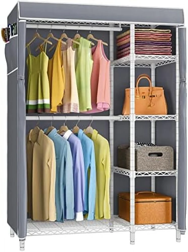 YPDCHB V7C Wire Garment Rack 6 Tiers Heavy Duty Covered  with 2 Fabric Drawers  Freestanding Wardrobe Closet Metal Clothing Rack with Grey Oxford Fabric Cover  Max Load 562LBS