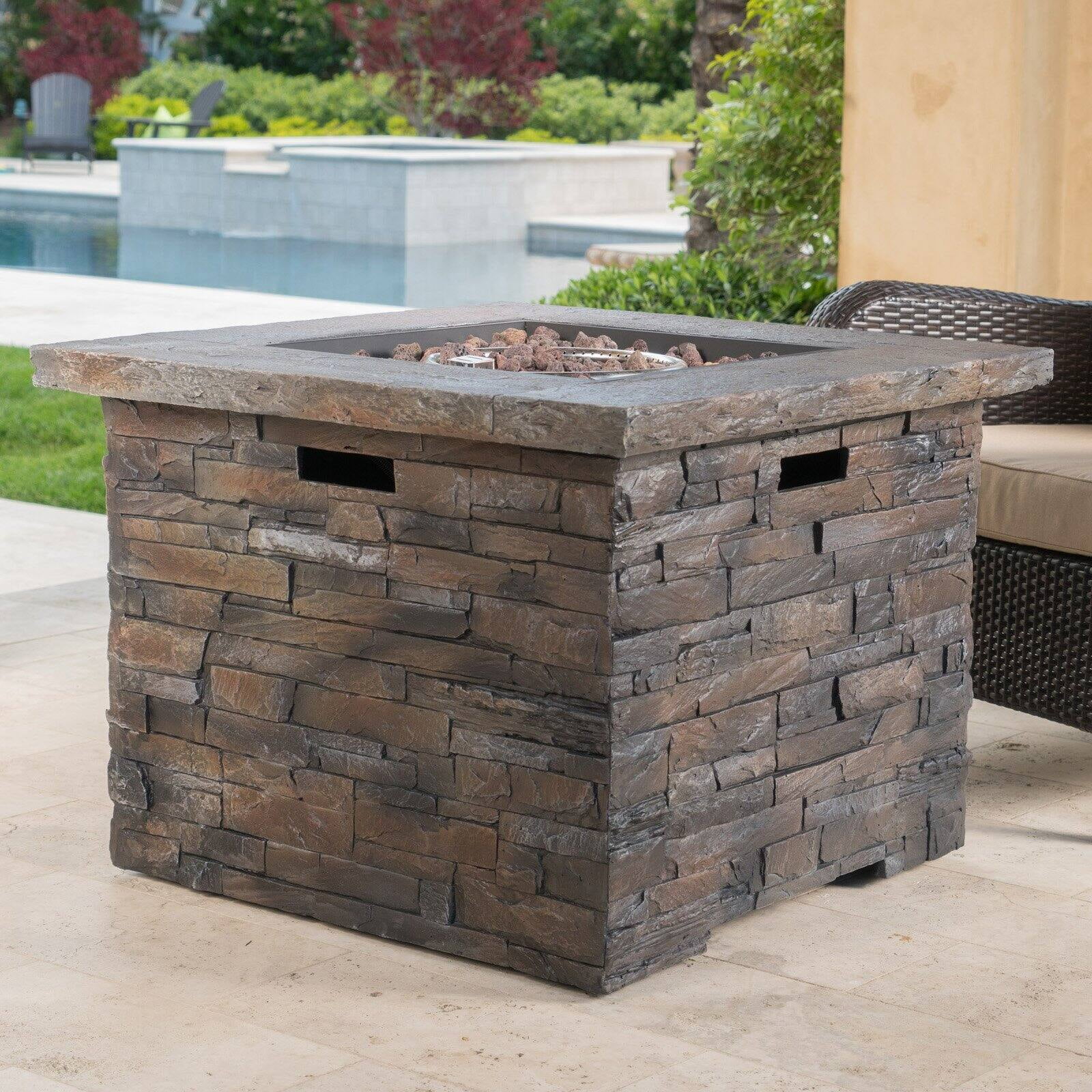 Noble House Blaeberry Concrete Stone Outdoor Square Fire Pit in Natural/Gray