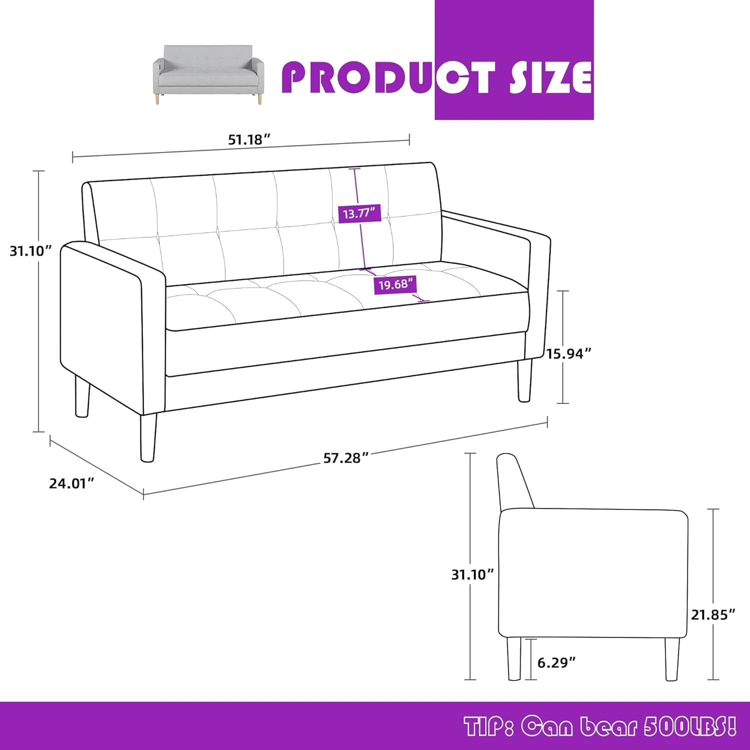 LAZZO 60 inch Loveseat Sofa w/ 2 USB Charging Ports (Light Grey)
