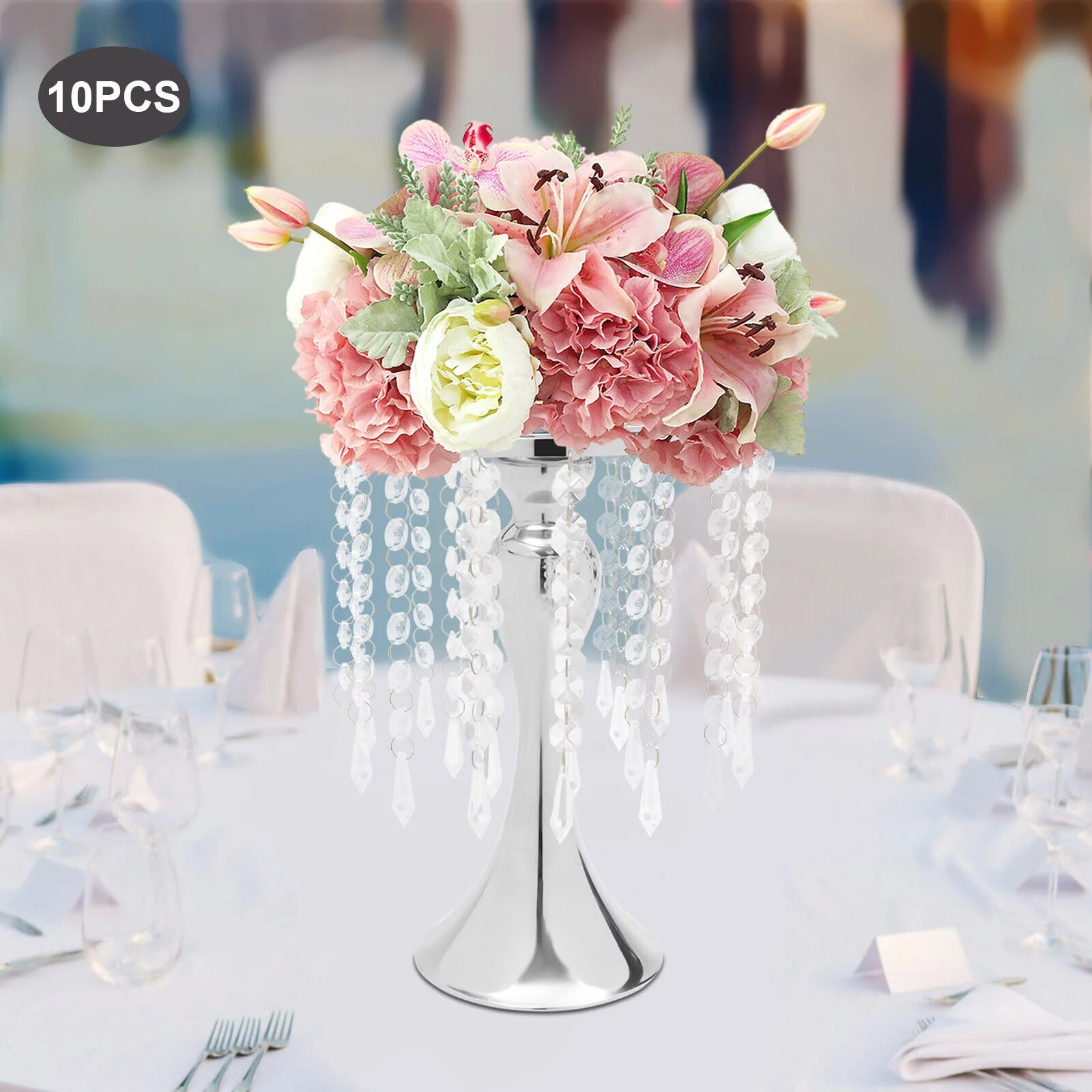 Silver Metal Flower Vases Crystal Flower Stand Wedding Centerpieces Party 10pcs