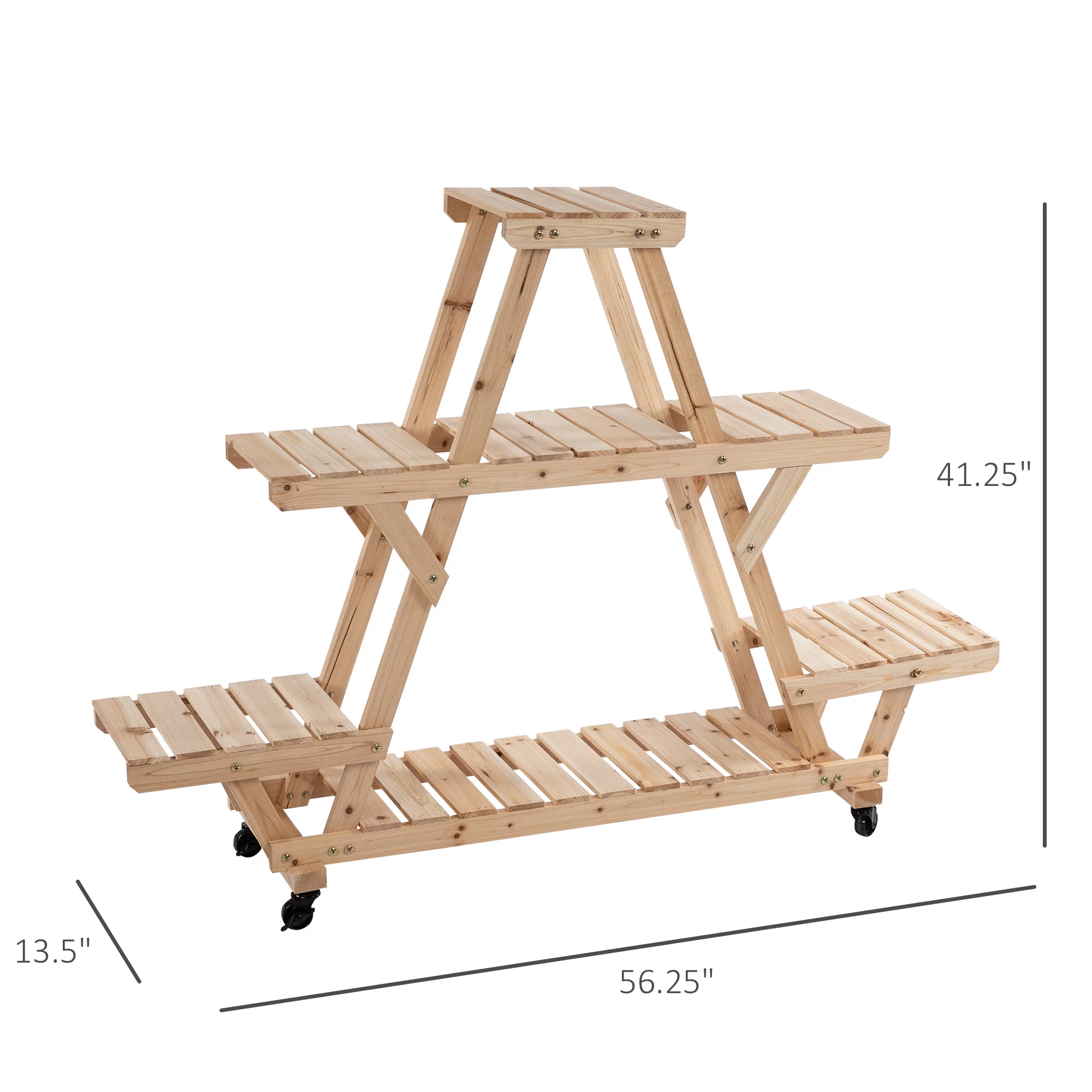 Outsunny 56''x14''x41'' 4 Tier Wooden Plant Stand with Removable Wheels, Natural