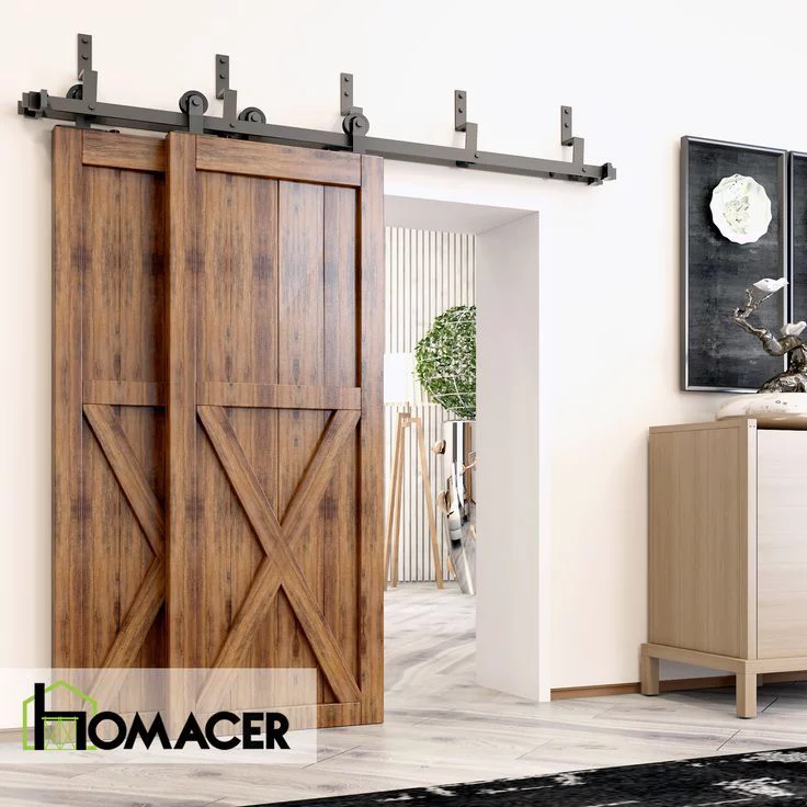 Homacer Black Rustic Double Track Z-Shape Bypass Sliding Barn Door Hardware Kit, for Two/Double Doors, 8ft Long Flat Track, T-Shape Design Roller, Heavy Duty, for Interior & Exterior Use