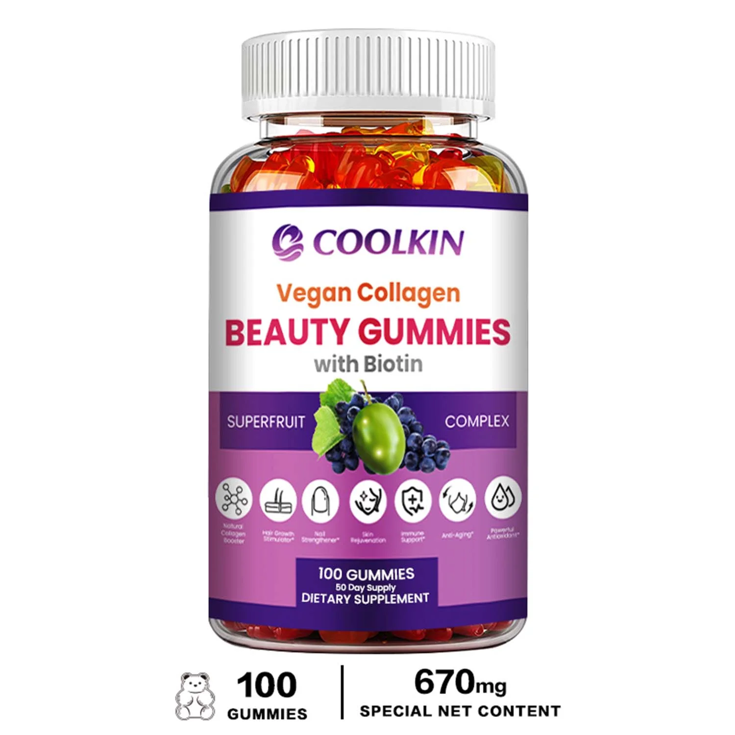 Coolkin Vegan Collagen BEAUTY GUMMIES - with Biotin - Supports Hair, Skin, Nail Health(30/60/100pcs)