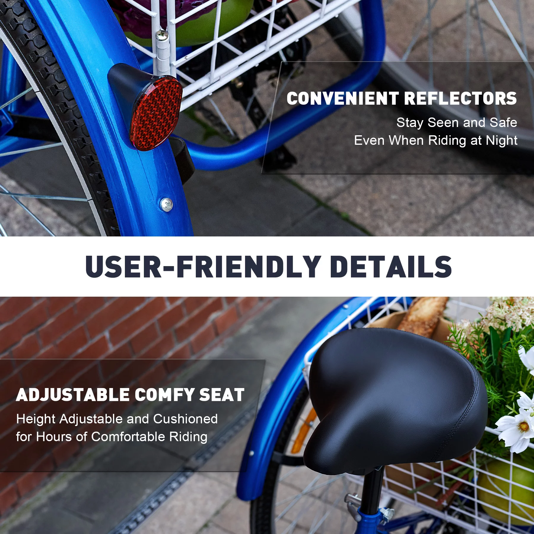 Viribus 24 Inch Adult Tricycle 7 Speed 3 Wheel Cruiser Bike Trike w Rear Basket, Blue