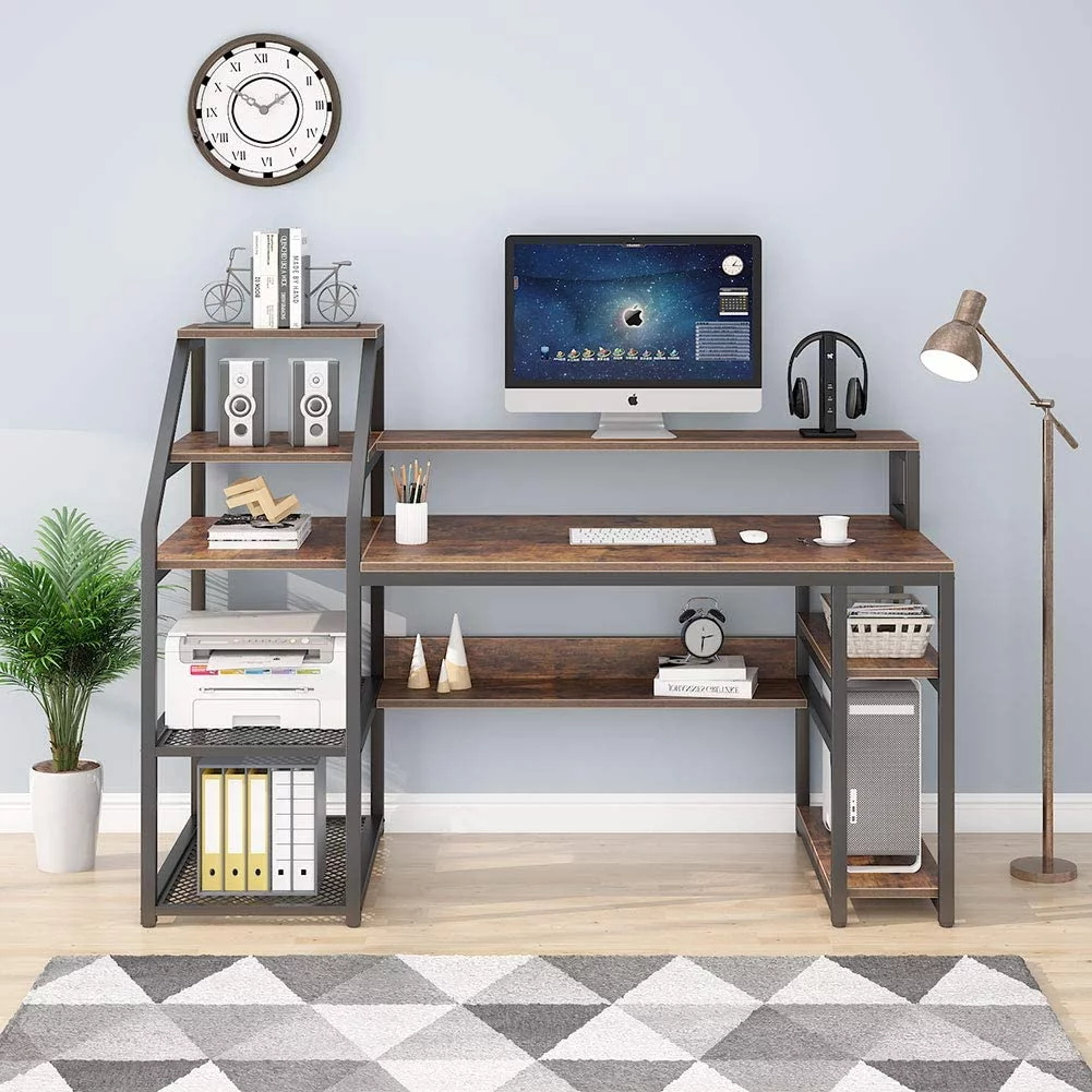Tribesigns 65 Inch Computer Desk with Hutch and Storage Shelves, Home Office Desk with Bookshelf and Monitor Stand(Rustic Brown)
