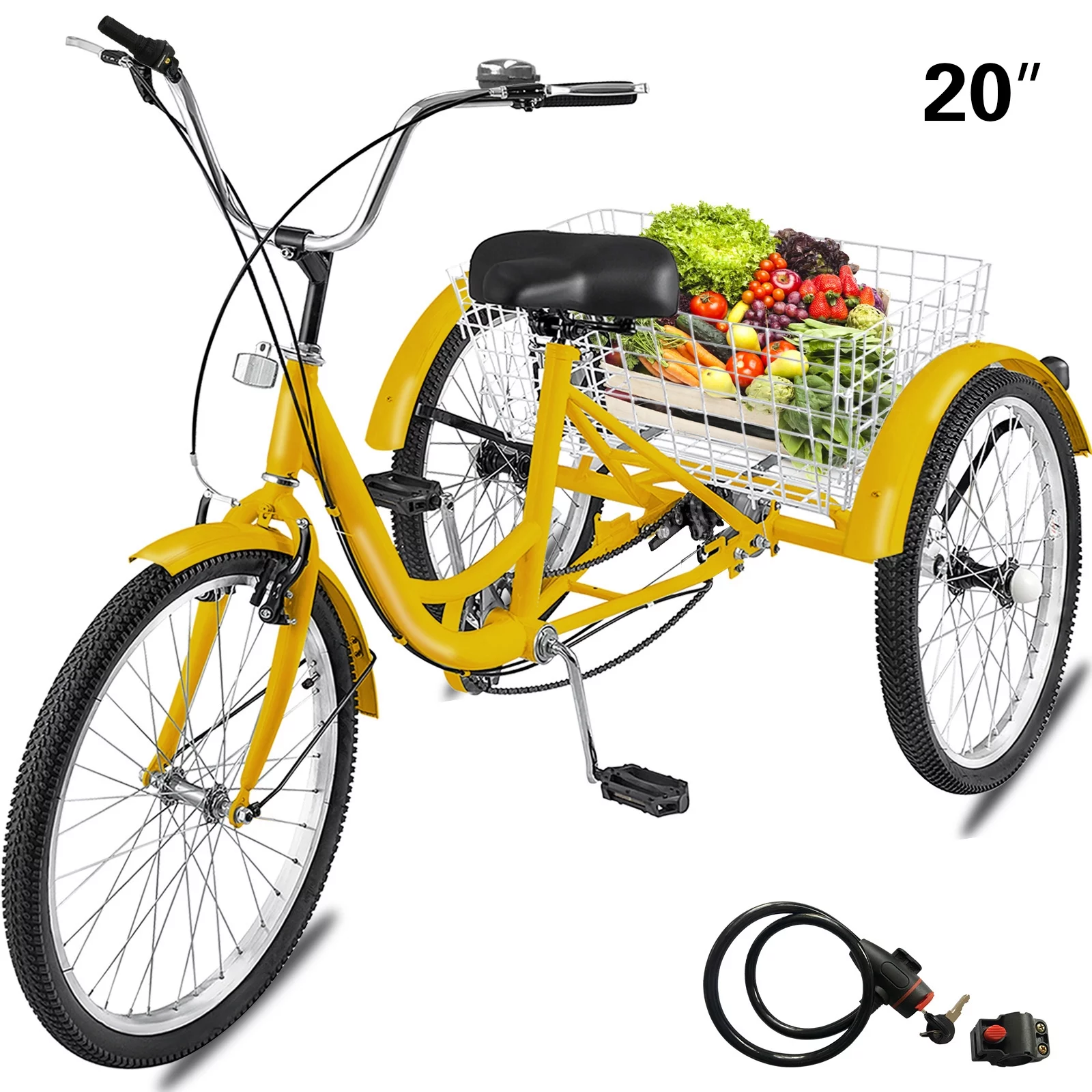 BENTISM Adult Tricycle 1 Speed Size Cruise Bike 20 inch Adjustable Trike with Bell Brake System Cruiser Bicycles Large Size Basket for Recreation Shopping Exercise (Yellow 20 1Speed)