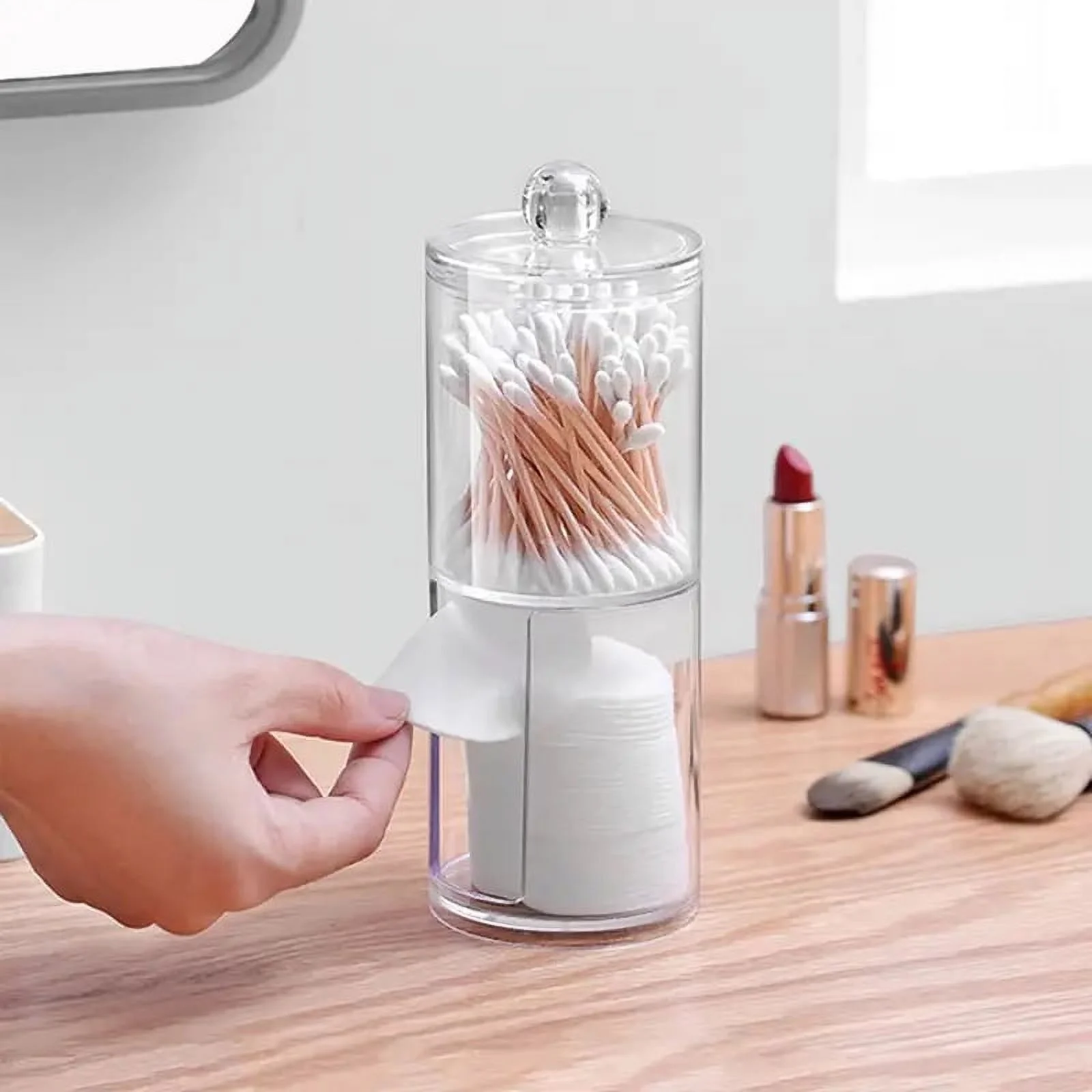 Clear Acrylic Qtip Holder Dispenser with Lid - 2 in 1 Apothecary Jars for Bathroom Storage and Vanity Makeup Organization - Ideal for Cotton Swabs, Pads, Balls, and Floss