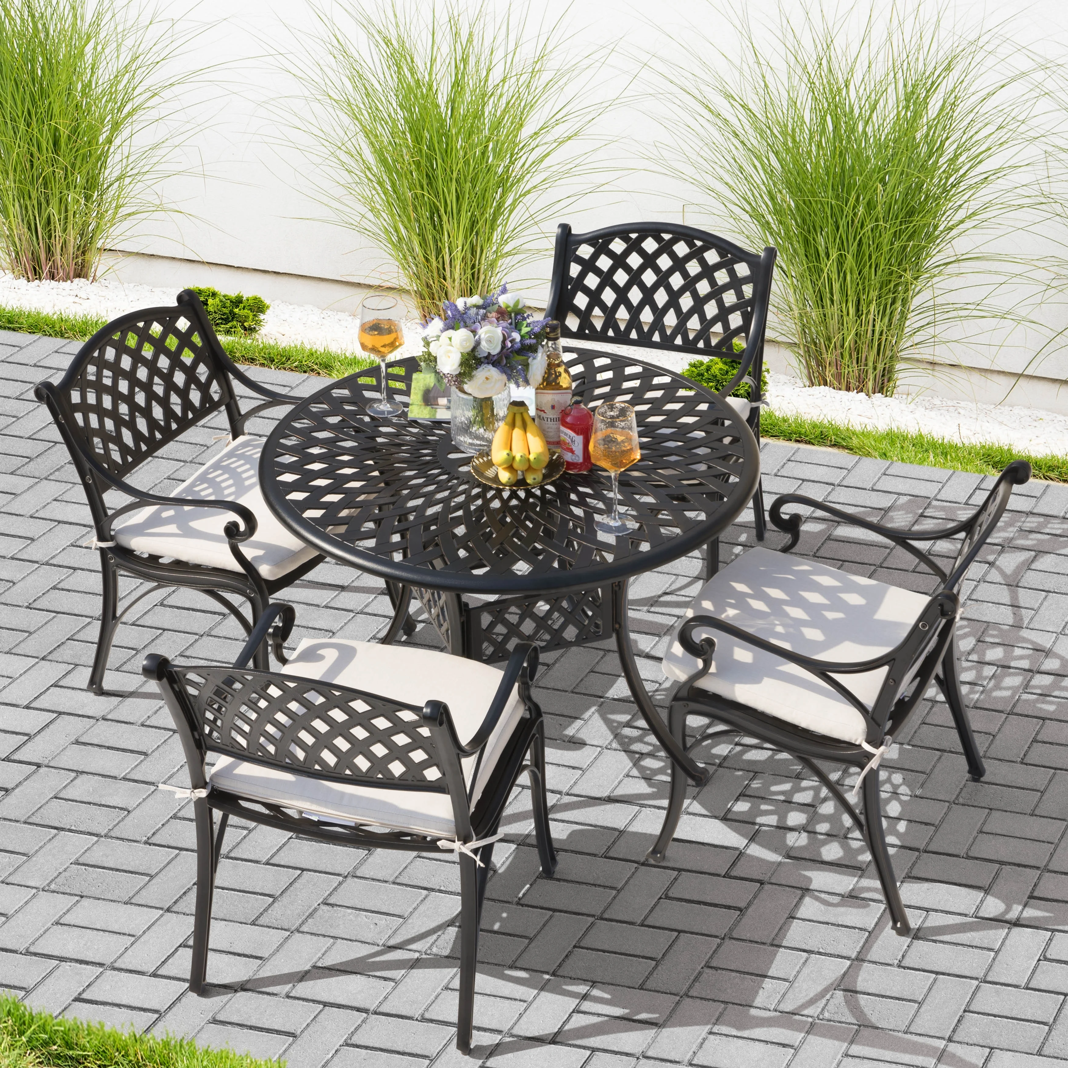 Nuu Garden  5 PCS Cast Aluminum Outdoor 41'' Table Wide Chair Set Beige