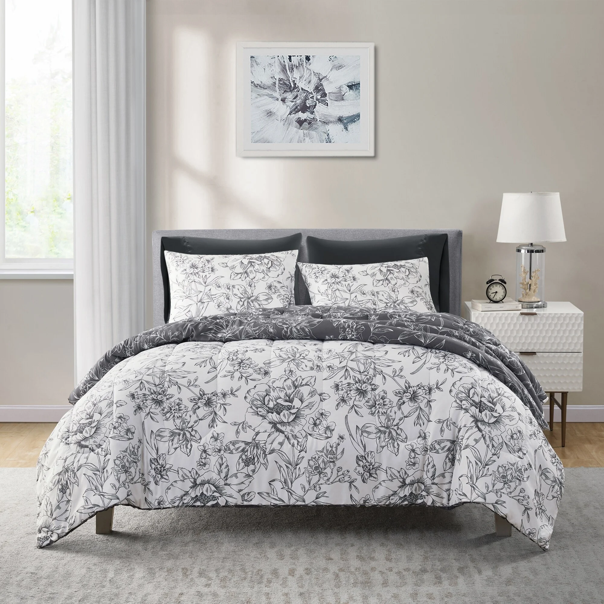 Beaute Living Wonderful Sophia 5-Piece Floral Pattern Comforter Set 21054 Black & White/7 Piece - King