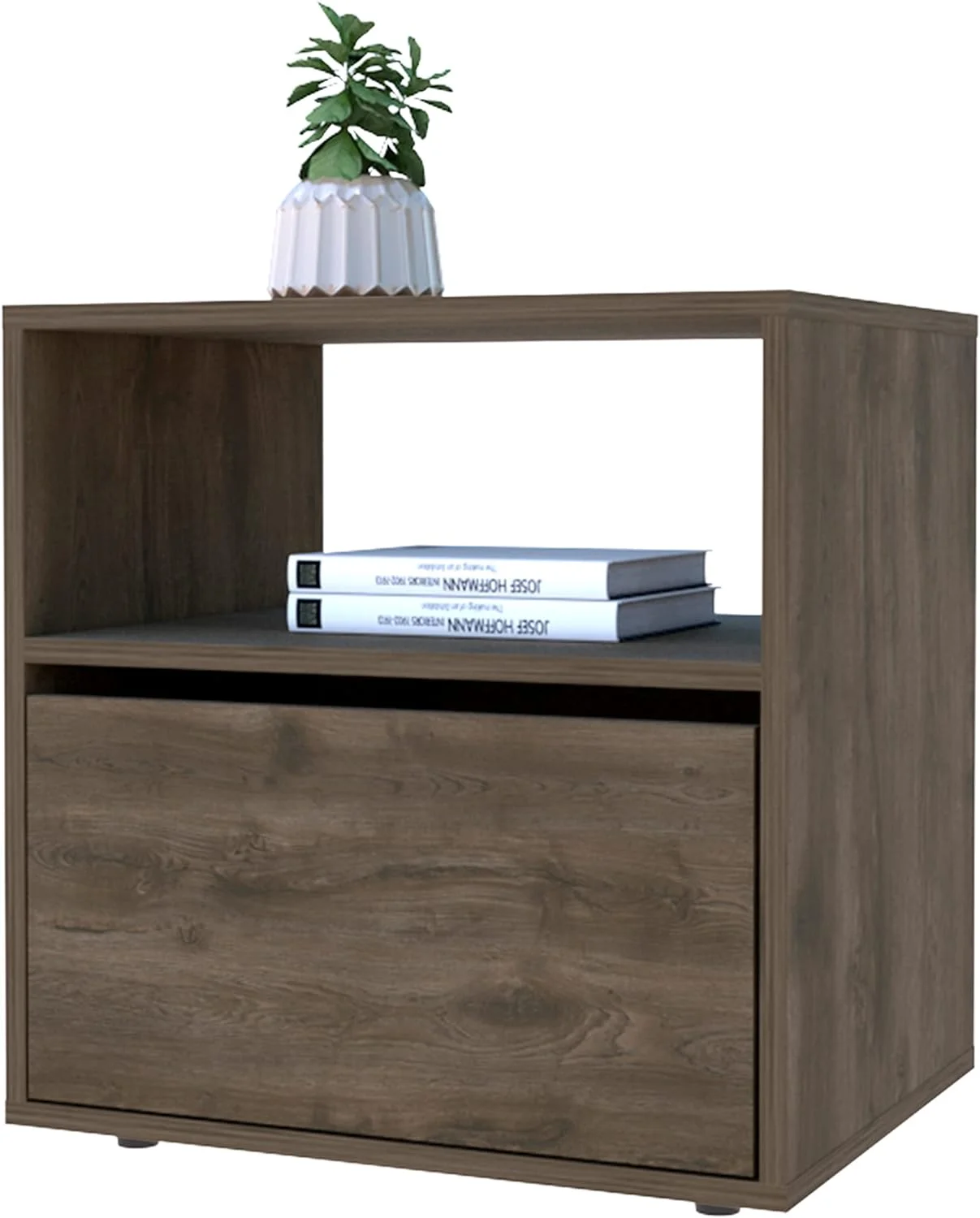 Nightstand with Open Shelf and Cabinet, Dark Brown