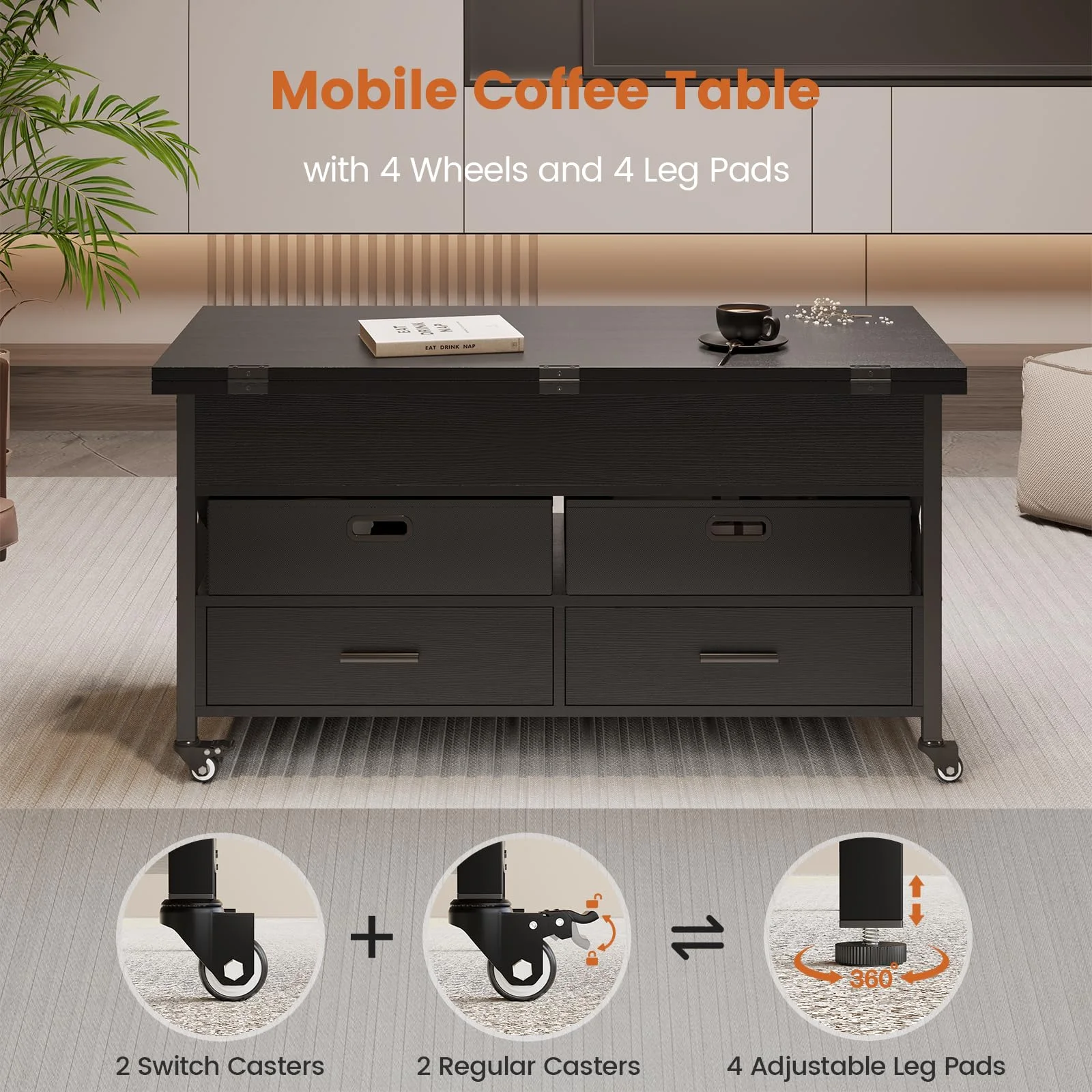 4 in 1 Lift Top Coffee Table with Power Outlet, Center Table with 4 Drawers, Black