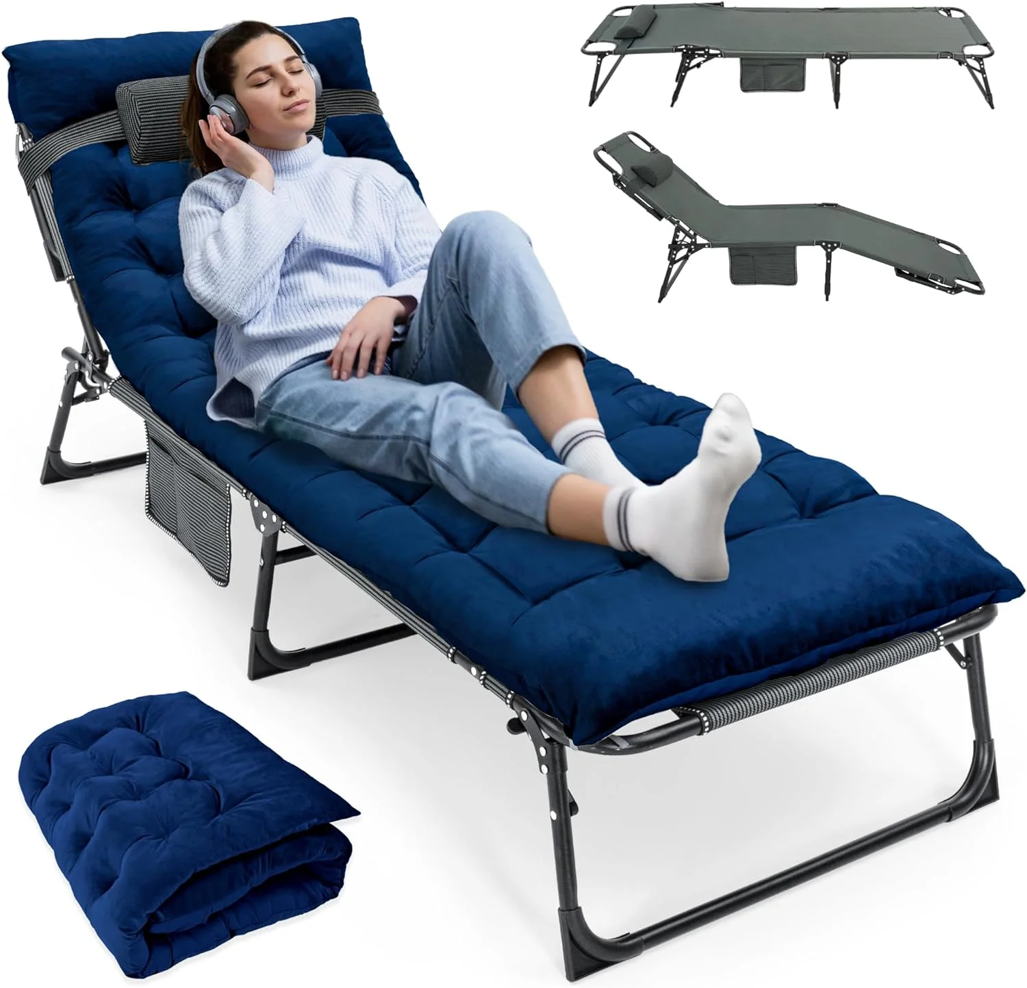 Camping Cot with Cozy Mattress and Pillow - Adjustable 4-Position Folding Cot for Adults, Durable Fabric, Steel Frame, Ideal for Camping, Patio, Spare Bed