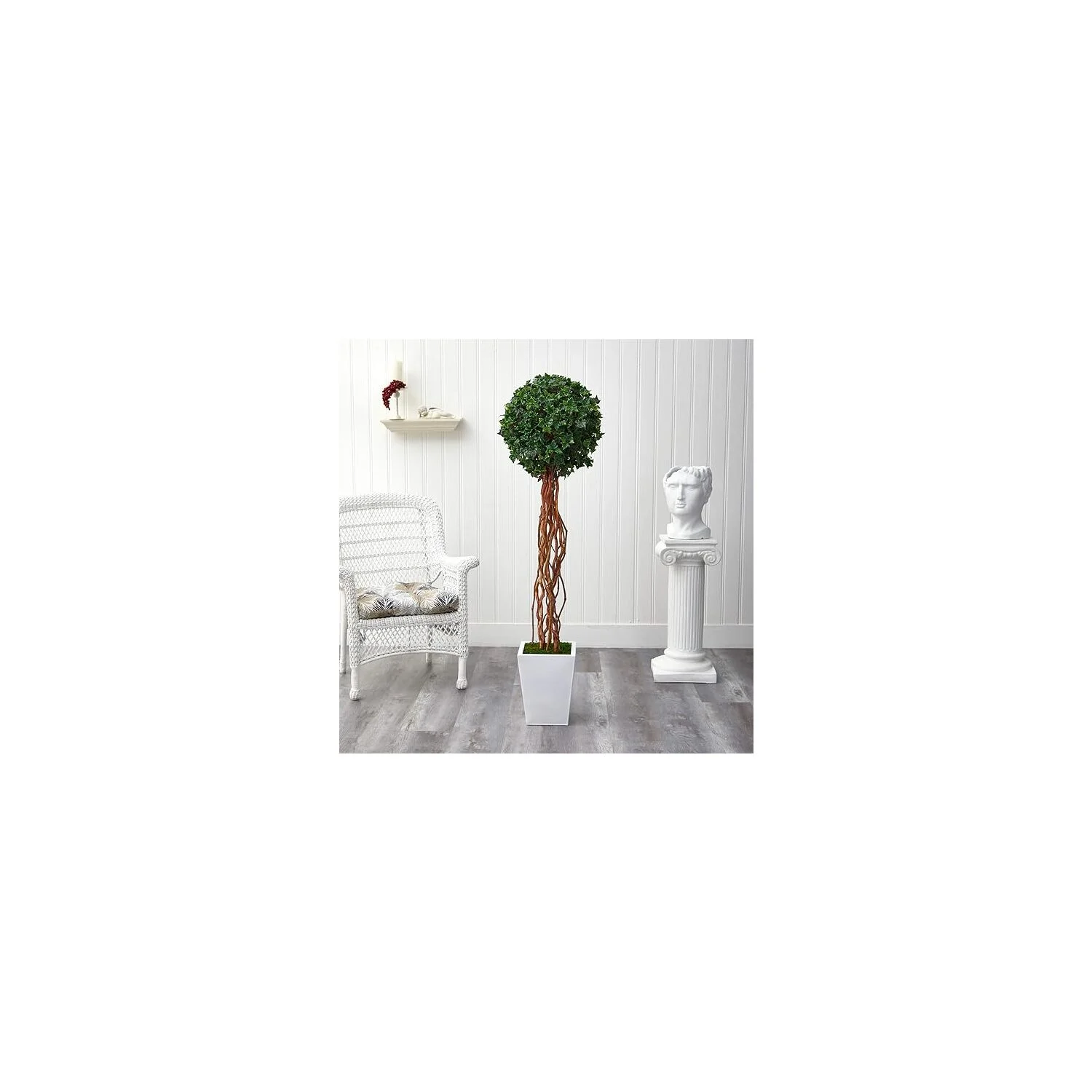 HomeStock 62In. English Baroque Beauty Single Ball Artificial Topiary Tree In White Metal Planter Uv Resistant (Indoor/Outdoor)
