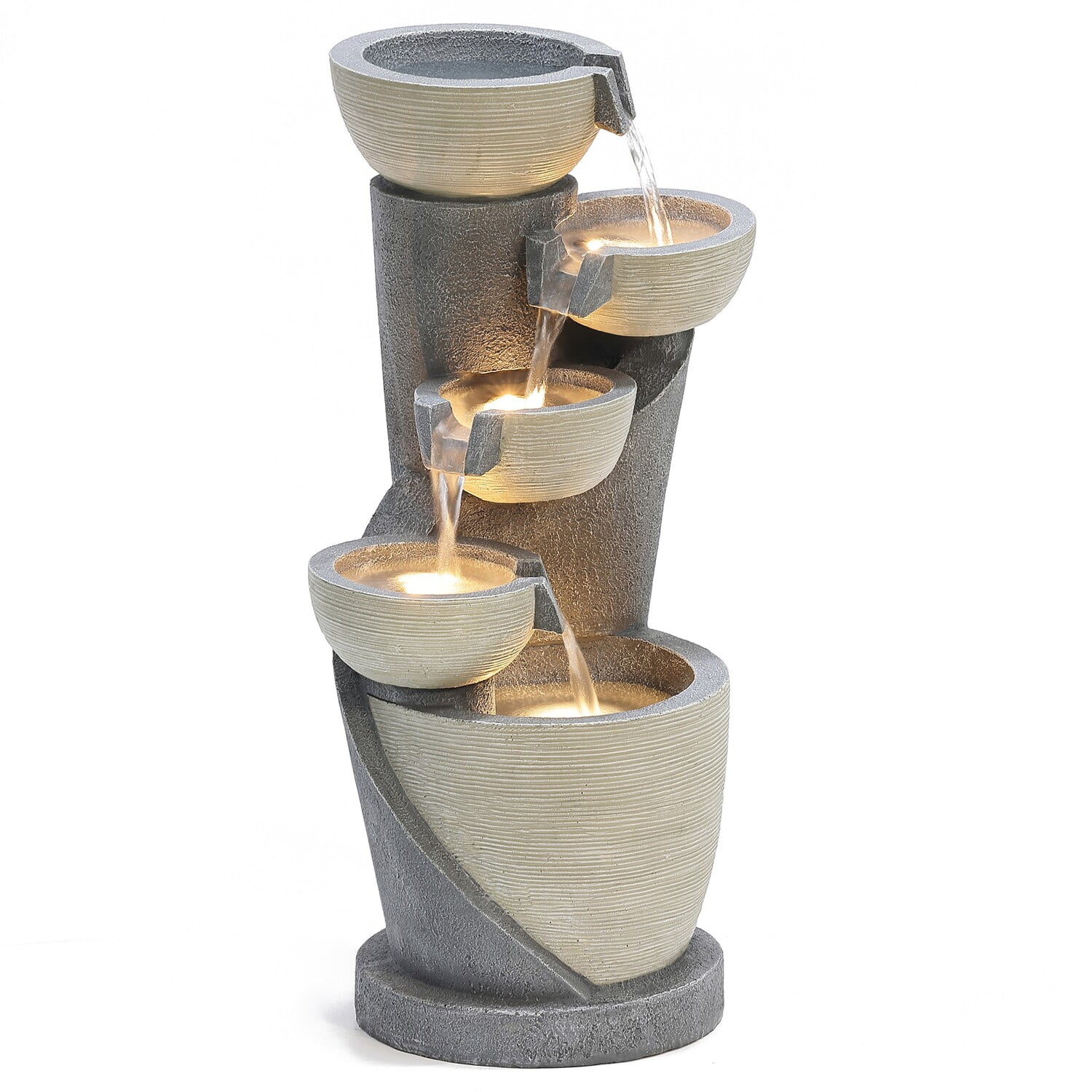 LuxenHome Gray Cascading Bowls and Column Resin Outdoor Fountain with Lights