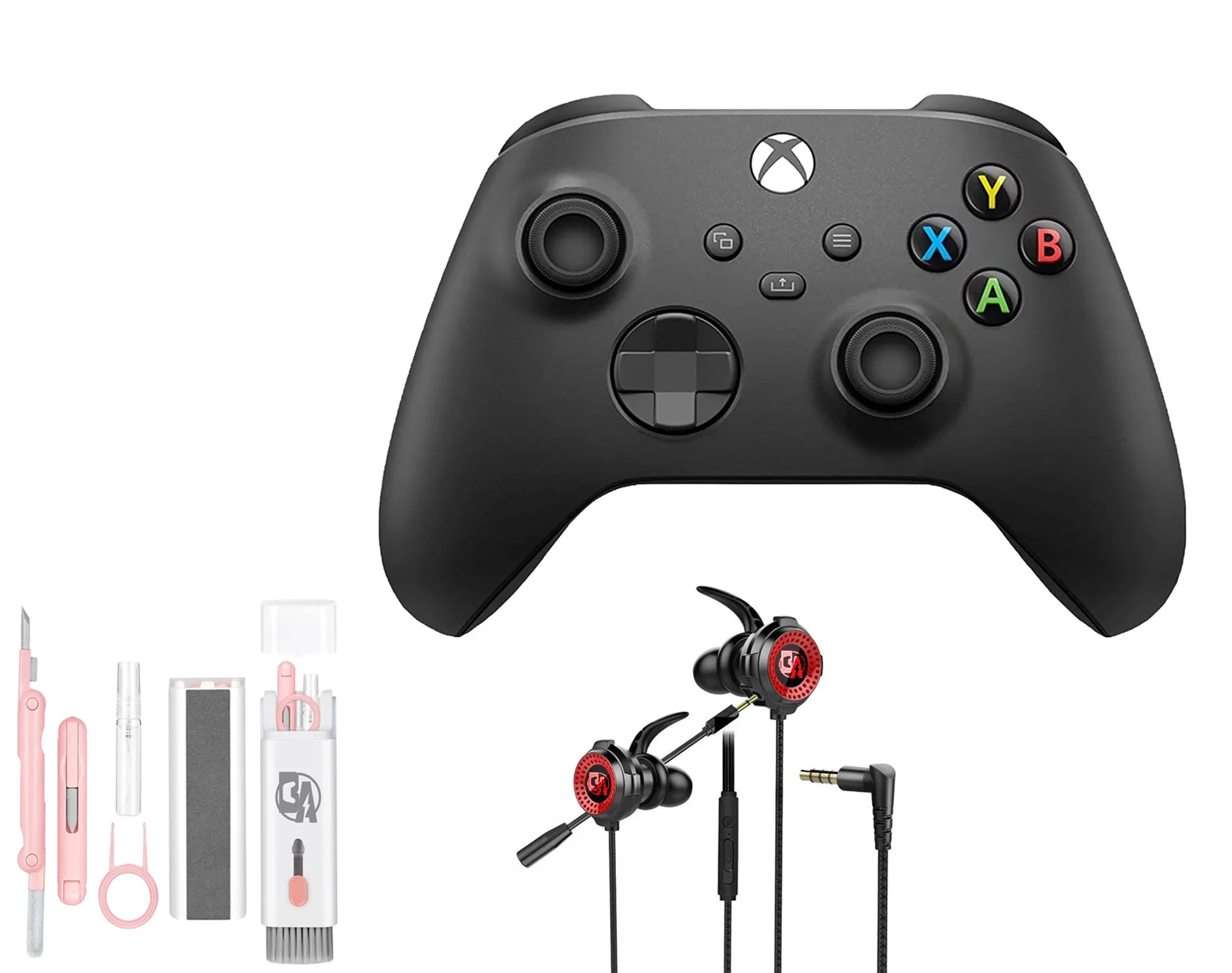 Microsoft Xbox Wireless Carbon Black Controller for Xbox Console + Wired Earbuds With Cleaning Kit BOLT AXTION Bundle Used