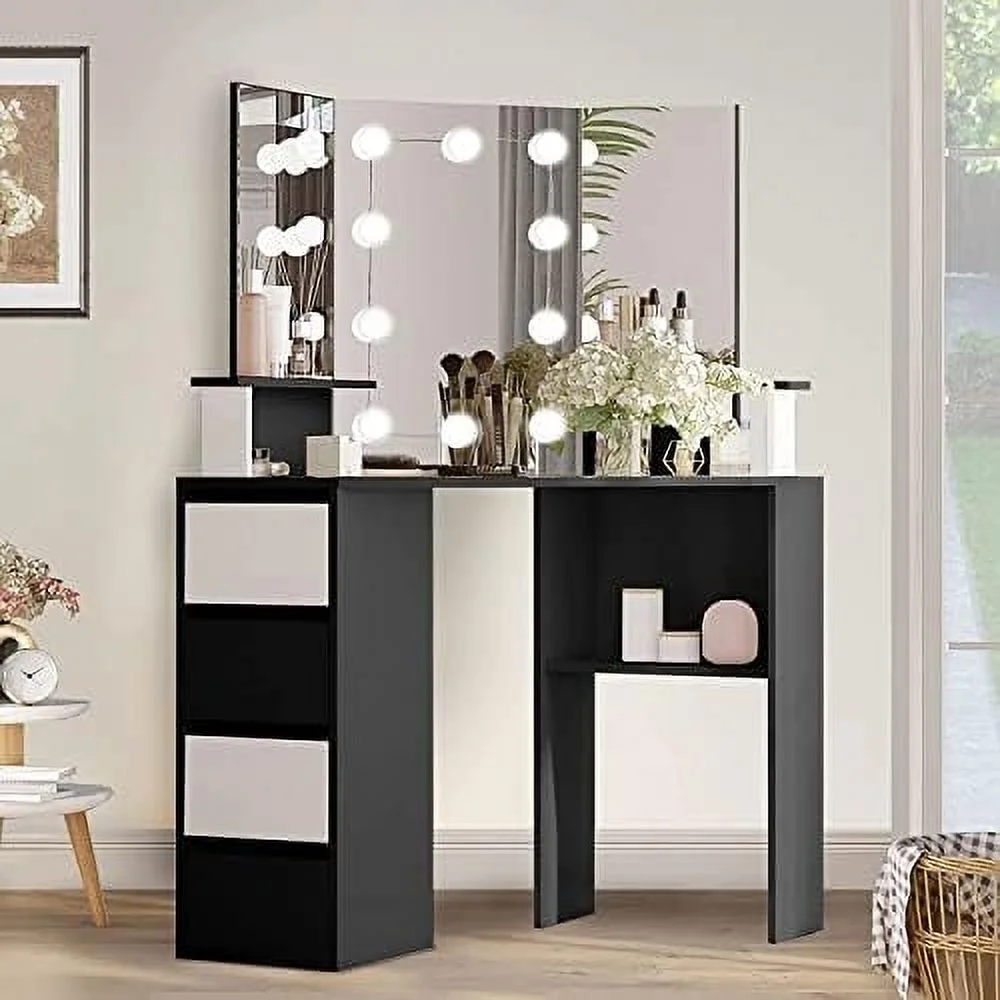 SQVGYU Corner Vanity Desk with Lighted Mirror 42 inch  Vanity Table with Lights 4 Drawer  Dressing Table with 3-Fold Mirror 3 Lighting Colors Black