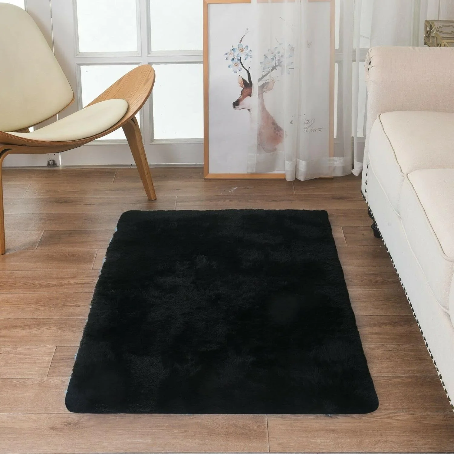 Modern Soft PV Fur Area Rug, Non-Slip Fuzzy Shag, Plush Furry Floor Carpet For Bedroom, Living Room, Nursery, Solid Color 2.5 X 4 Ft - Black