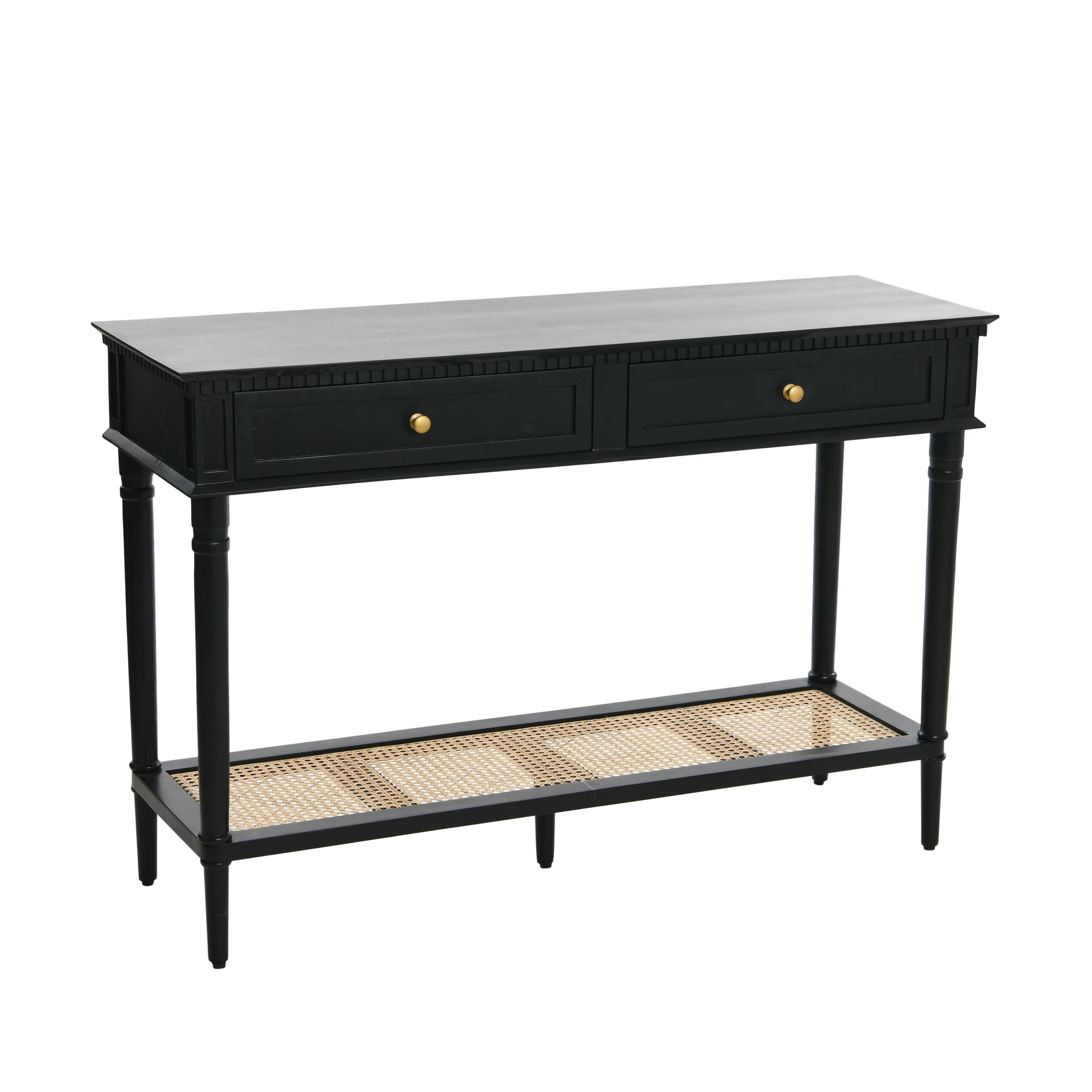 Creative Co-Op Maxwelton Solid Wood Console Table with 2 Drawers and Woven Cane Storage Shelf, Black and Natural