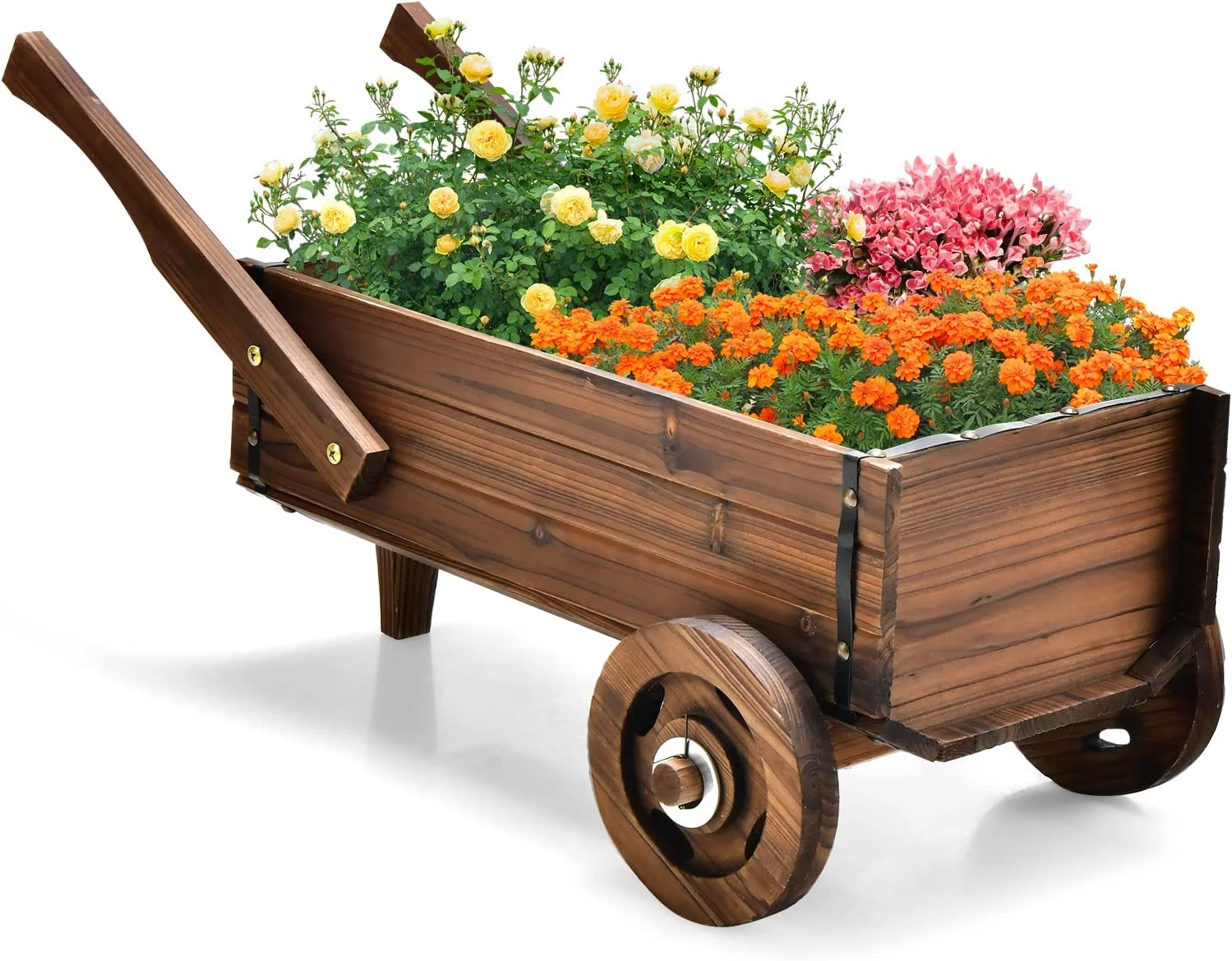 Wooden Wagon Planter Box, Decorative Wagon Cart with Wheels, Handles, Drainage Hole, Flower Planter Pot Stand, Rustic Flowerpot Planter, Indoor & Outdoor Garden Patio Balcony