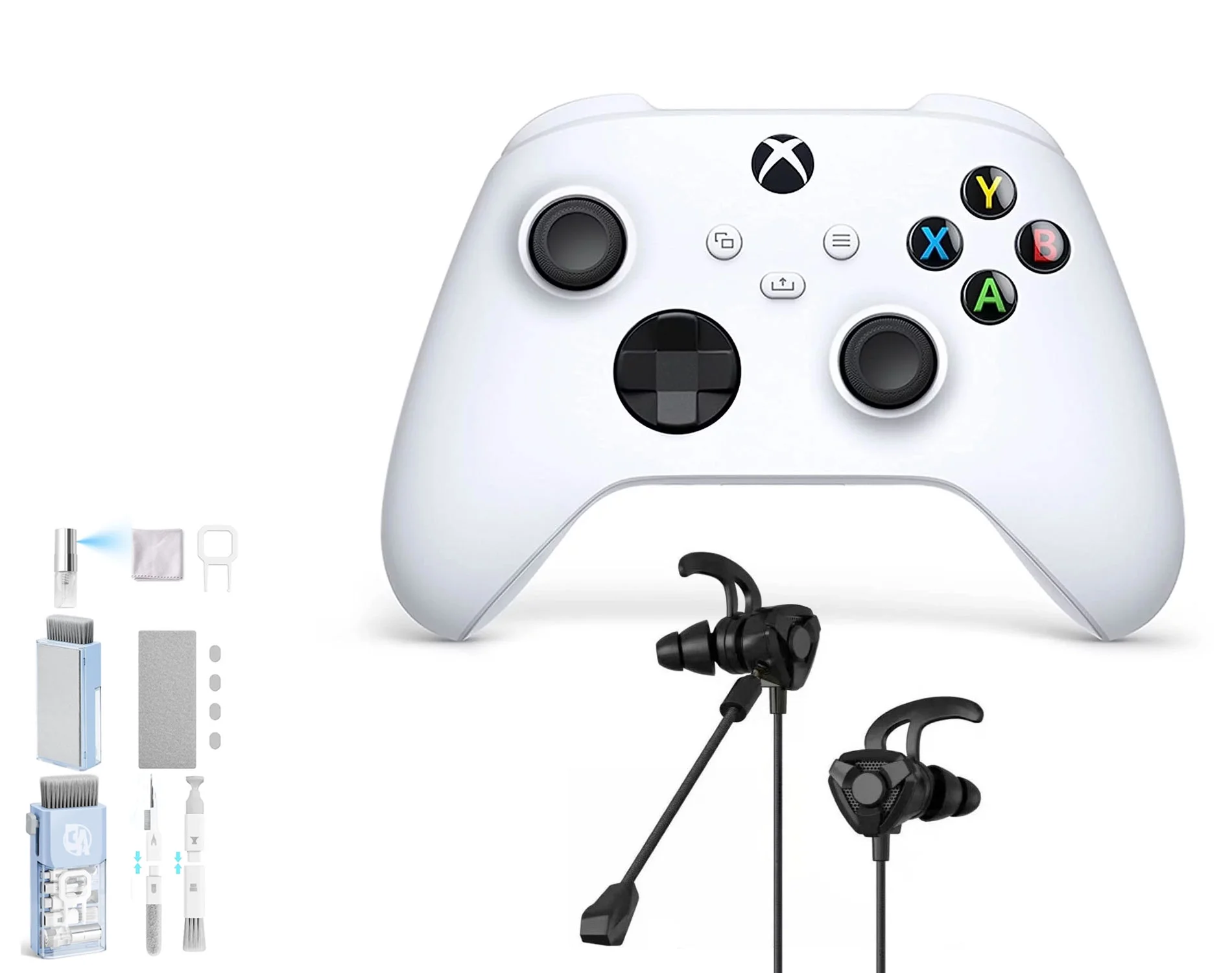 Microsoft Xbox Wireless Robot White Controller for Xbox Console With Black Gaming Buds + Cleaning Kit BOLT AXTION Bundle Like New