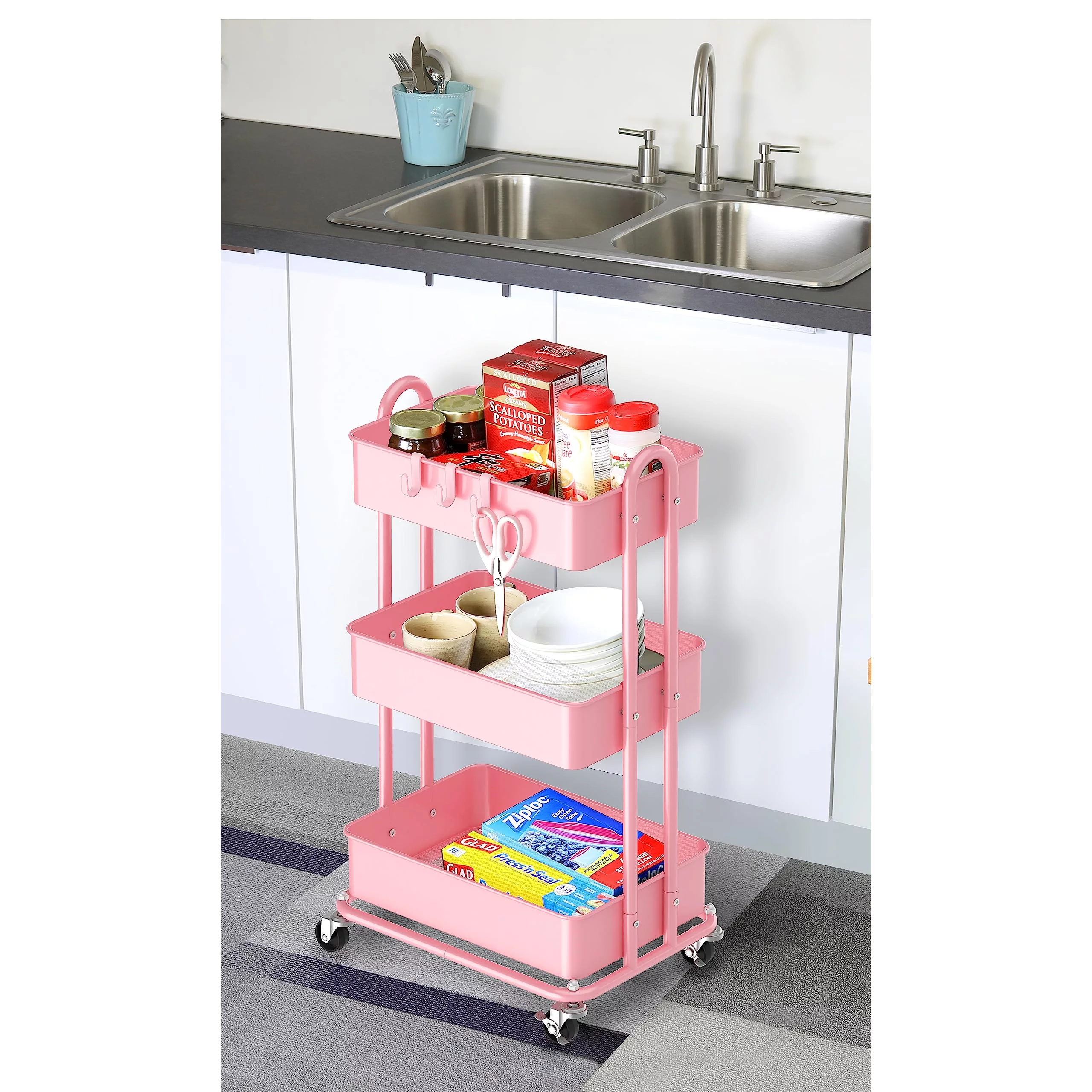 SHW 3-Tier Metal Rolling Utility Cart, Pink