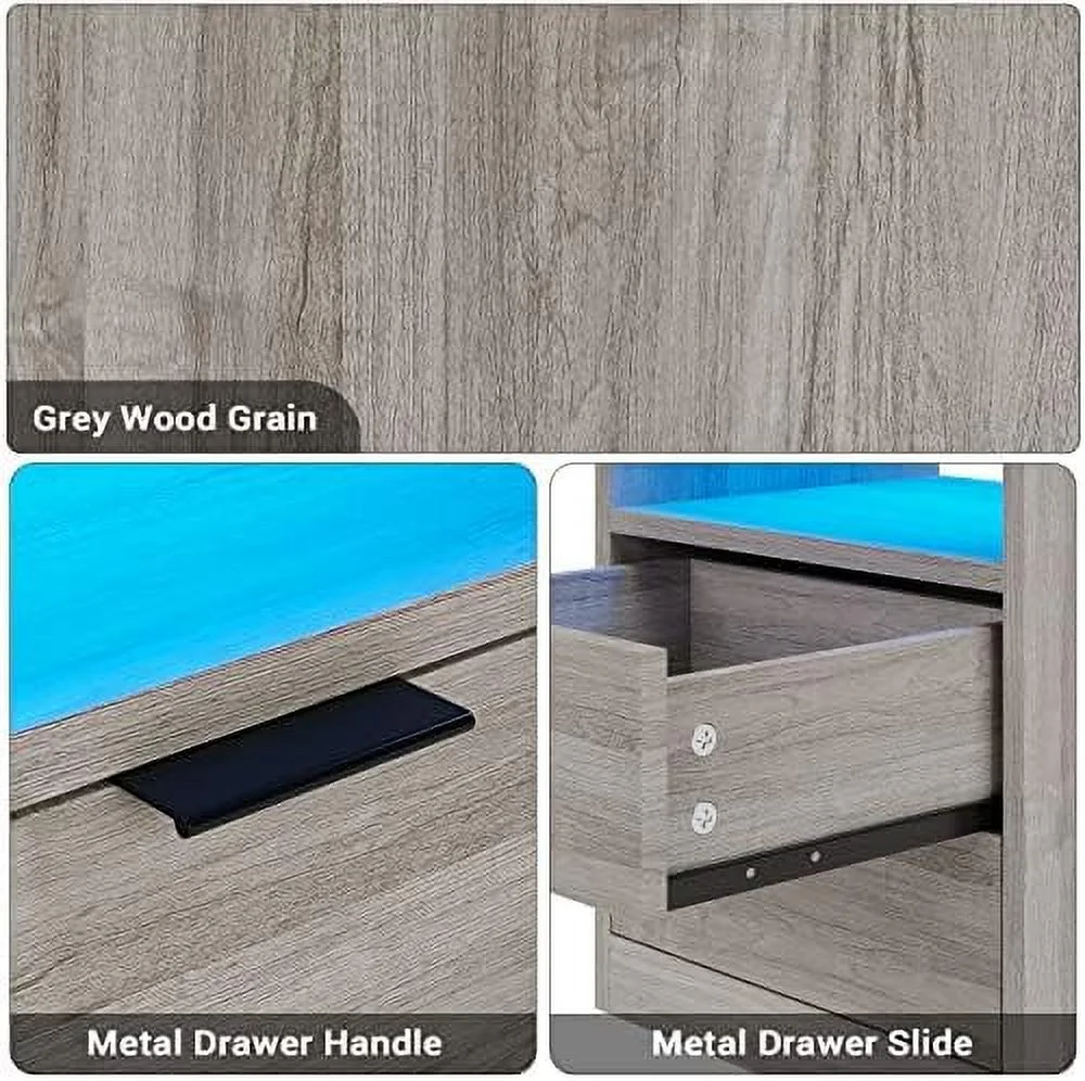 NLIBOOMLife Black Nightstand with LED Lights and Charging Station  LED Bedside Table with Open   2 Drawers  1 Pull-Out Tray  End Table.