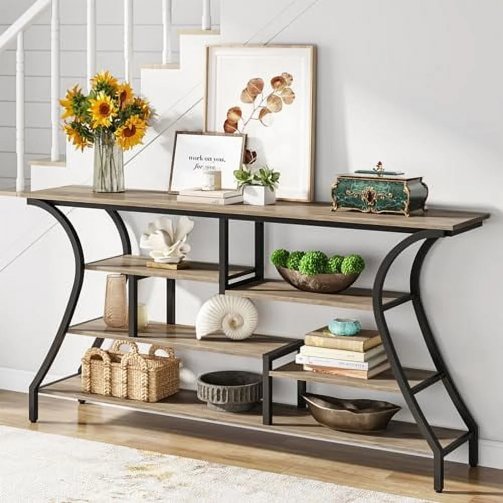 CHTYVC 70.9 Inch Extra Long Console Table  Industrial Narrow Sofa Table with  Shelves  4 Tier Entryway Table Behind Couch for Hallway Foyer Living Room (Grey)