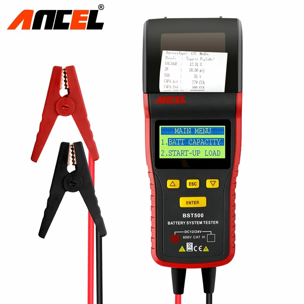 Ancel BST500 Battery Analyzer 12V 24V 100-2000 CCA Scan Tool Automotive Batteries Load Tester, Cranking and Charging System with Printer for Heavy Duty Trucks Cars Motorcycles