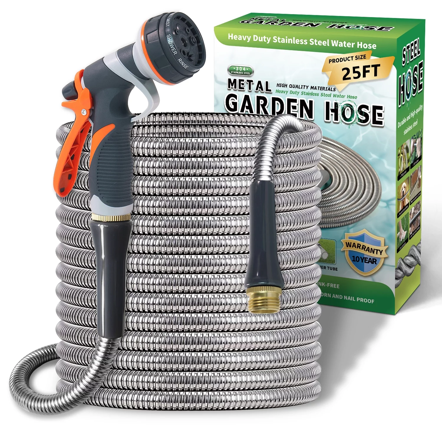 Lightweight Stainless Steel Garden Hose 25Ft ? Kinkless Flexible Metal Garden Hose - Thorn Proof Steel Metal Water Hose with Solid Fittings for Garden, Outdoor Use (25ft)