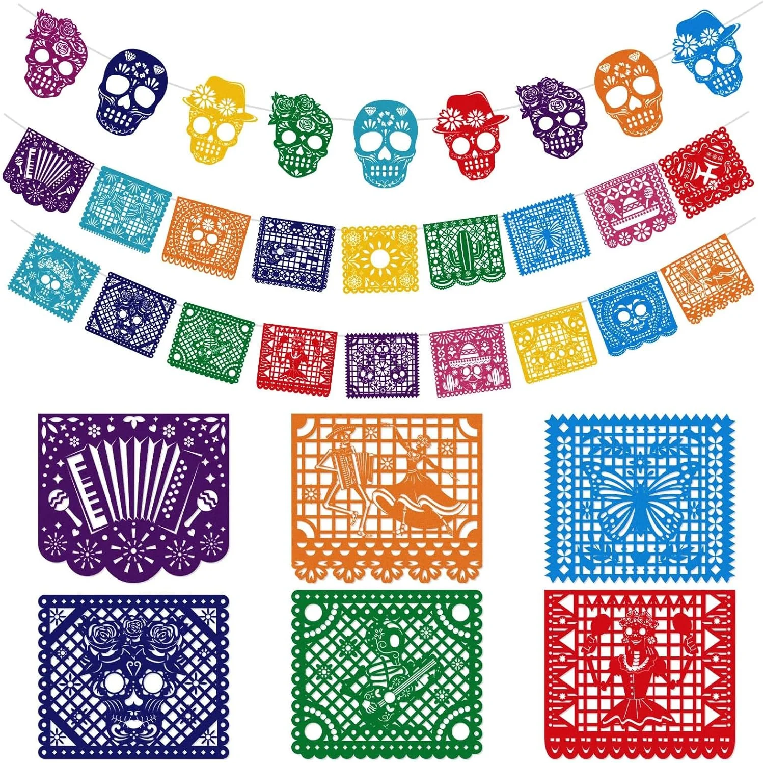 27Pcs Cinco De Mayo Party Banners, Colorful Felt Mexican Fiesta Papel Picado - Mexican Festival Party Decorations Banner